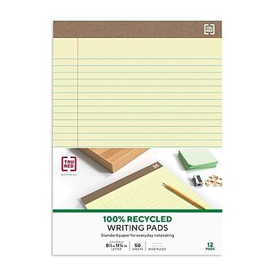 TRU RED  
100% RECYCLED WRITING PADS  
Standard paper for everyday notetaking  

8½" x 11"  
50 sheets per pad  
12 pads per pack  

100% Recycled