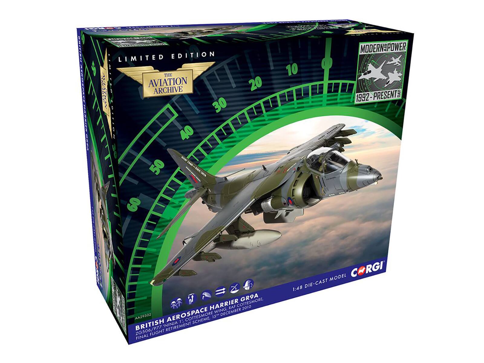 - EUAEEE ERITISN LIMITED EDITION AVIATION ARCHIVE THE 20 AEROSPACE HARRIER LIMITED EDITION 40 30 30 50 1mW DECS818 60 GR9A HARRIER RAF COTTESMORE, 2010 WING, DECEMBER SOEGEAA AEROSPACE 1: COTTESMORE SCHEME. 15 BRITISH "NINJA RETIREMENT ZG506/P77 FLIGHT FINAL MODERNE POWER 10 O 1992 - PRESENT RGI MODEL 1:48 DIE-CAST