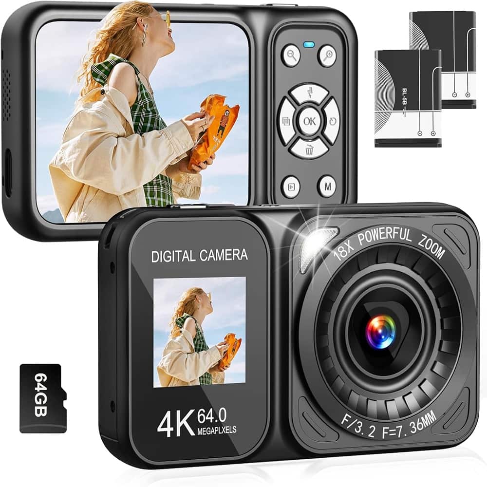 ACJPR - 4K Digital Camera, 64MP, Dual Screens, 18X Zoom, 64GB Card, Black