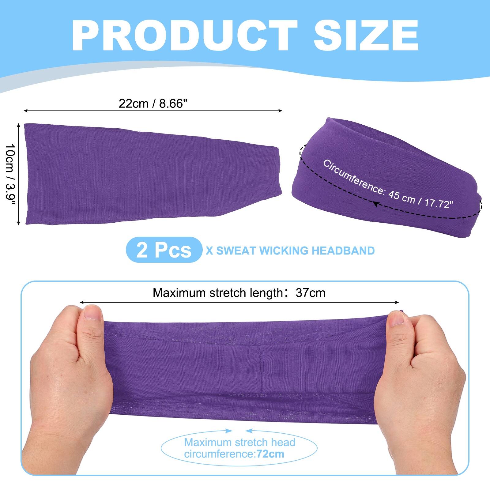 PRODUCT SIZE

22cm / 8.66"  
10cm / 3.9"  
Circumference: 45 cm / 17.72"  

2 Pcs X SWEAT WICKING HEADBAND  

Maximum stretch length: 37cm  
Maximum stretch head circumference: 72cm