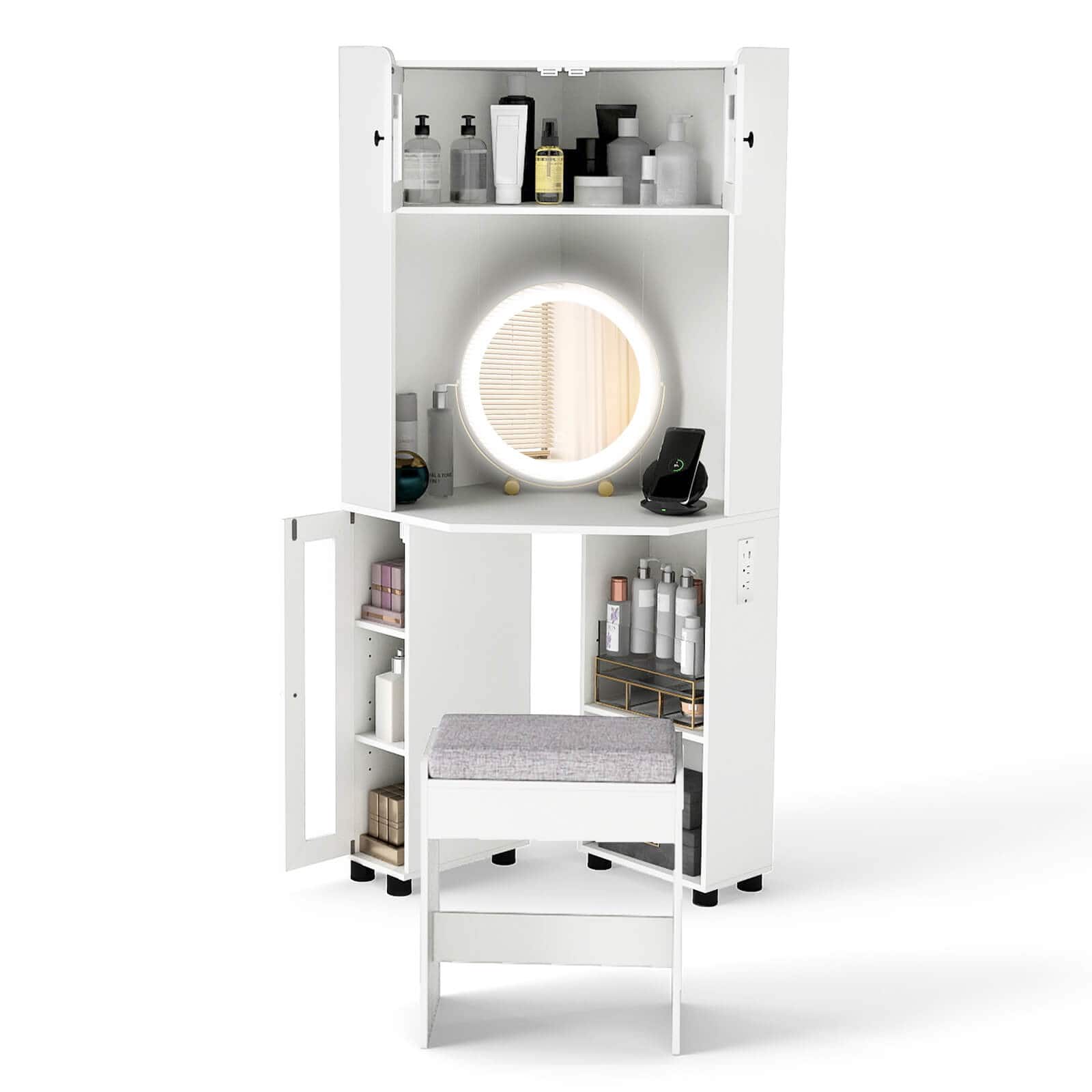 Costway - Corner Vanity Desk with Mirror & Lights Compact Dressing Table with Charging Station - White
