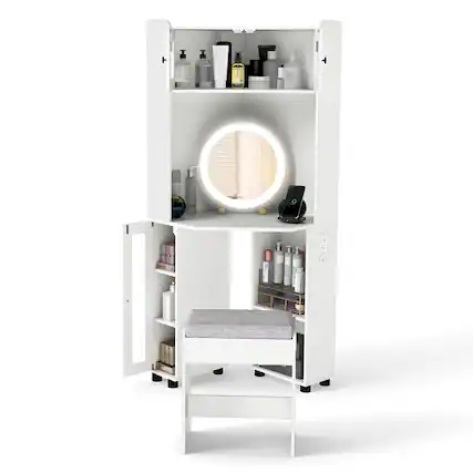 Front. Costway - Costway Corner Vanity Desk with Mirror & Lights Compact Dressing Table with Charging Station - White.