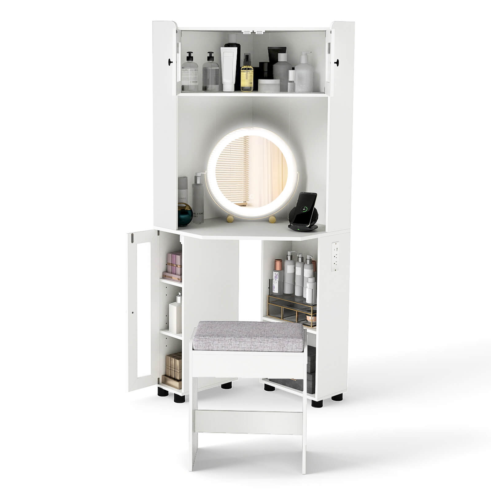 Costway - Corner Vanity Desk with Mirror & Lights Compact Dressing Table with Charging Station - White