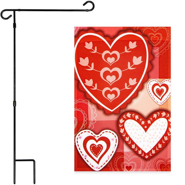 G128 - Combo Pack: Garden Flag Stand 36 x 16 in & Patchwork Hearts Flag 12 x 18 in - Assorted Colors