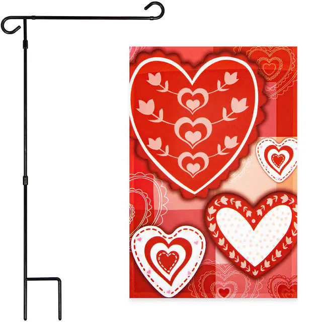G128 - Combo Pack: Garden Flag Stand 36 x 16 in & Patchwork Hearts Flag 12 x 18 in - Assorted Colors