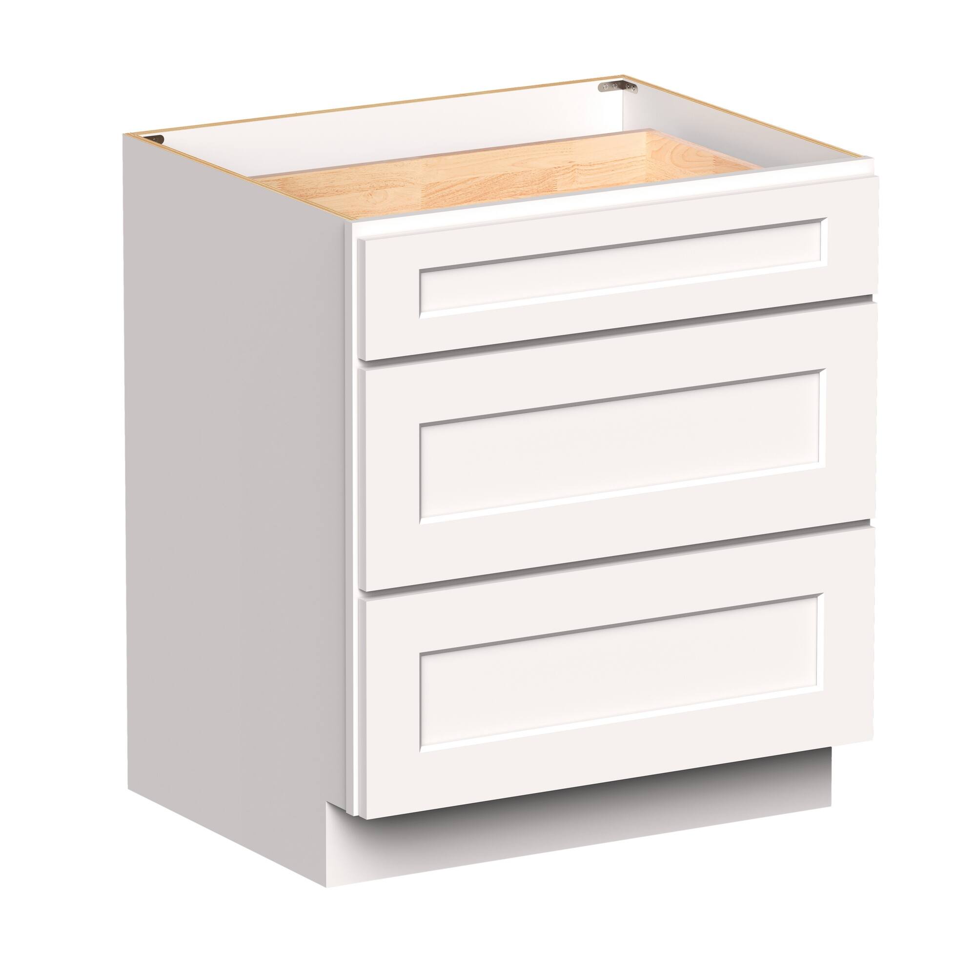 Angle. Boyel Living - 30-in W x 34.5-in H x 24-in D Shaker RTA Kitchen 3-Drawer Base Cabinet with Soft-Close Drawers - White Shaker.