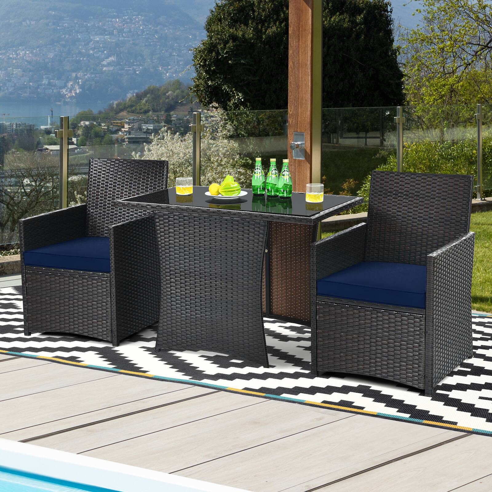 Alt View 4. Costway - Costway 3PCS Patio Rattan Furniture Set Cushion Sofa Armrest Garden Deck - Navy.