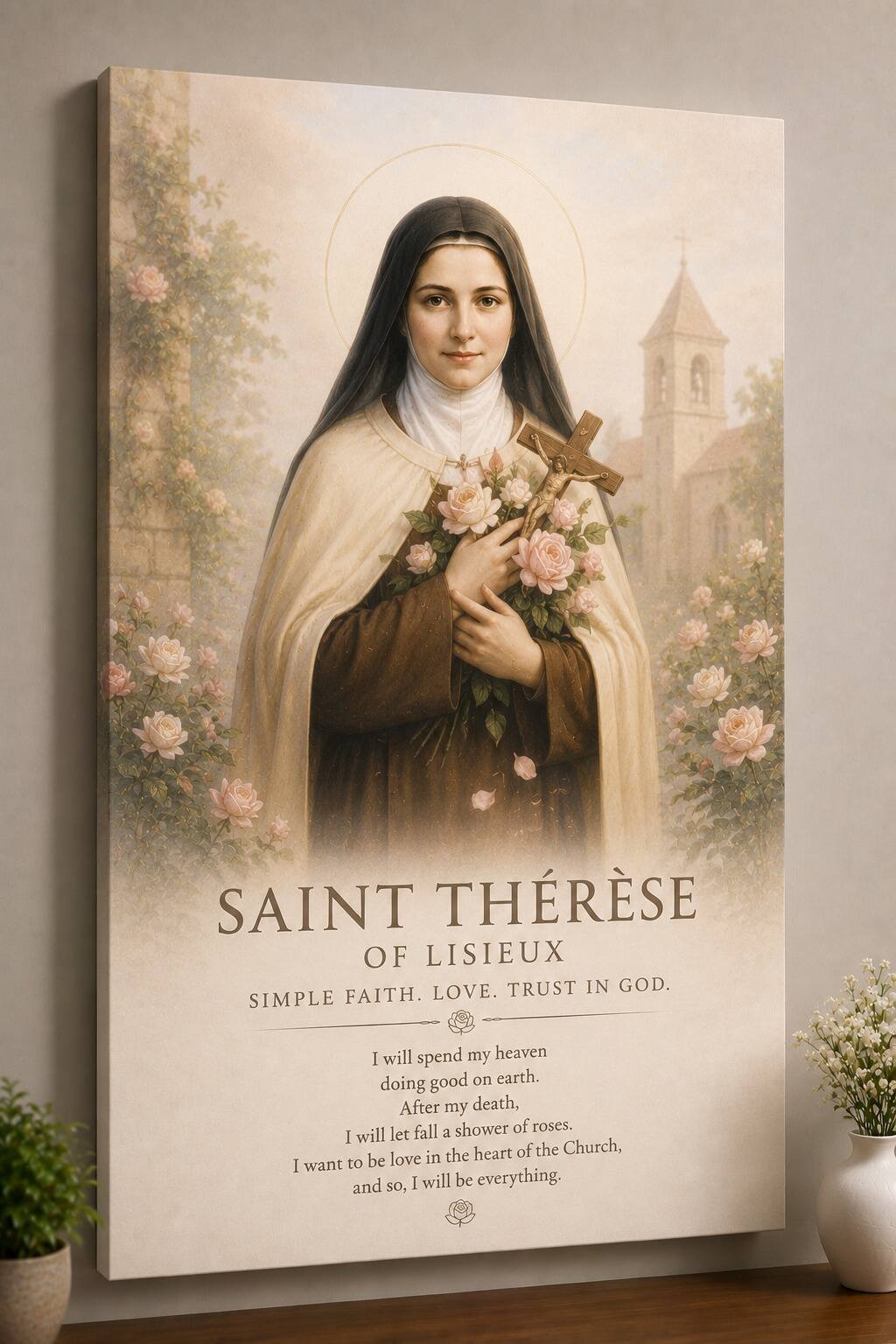 SAINT THÉRÈSE OF LISIEUX  
SIMPLE FAITH. LOVE. TRUST IN GOD.  

I will spend my heaven doing good on earth.  
After my death, let fall a shower of roses.  
I will in the heart of the Church, I want to be love and so, I will be everything.