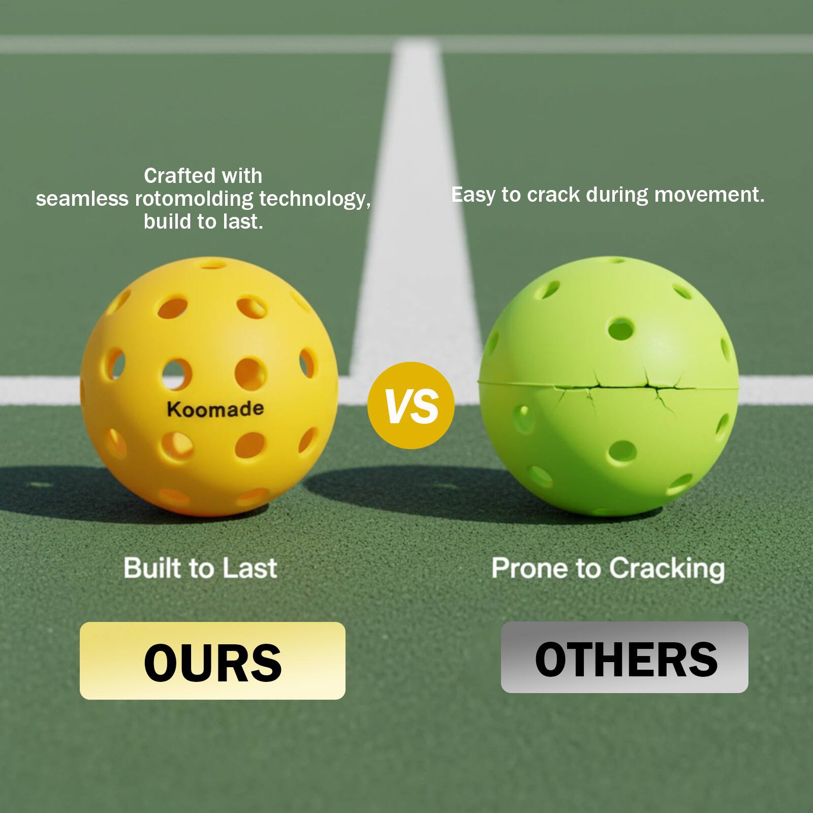 Crafted with seamless rotomolding technology, build to last.  
Easy to crack during movement.  

Koomade VS  
Built to Last Prone to Cracking  

OURS OTHERS