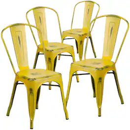 Emma + Oliver - Commercial Grade 4 Pack Distressed Metal Indoor-Outdoor Stackable Chair - Yellow