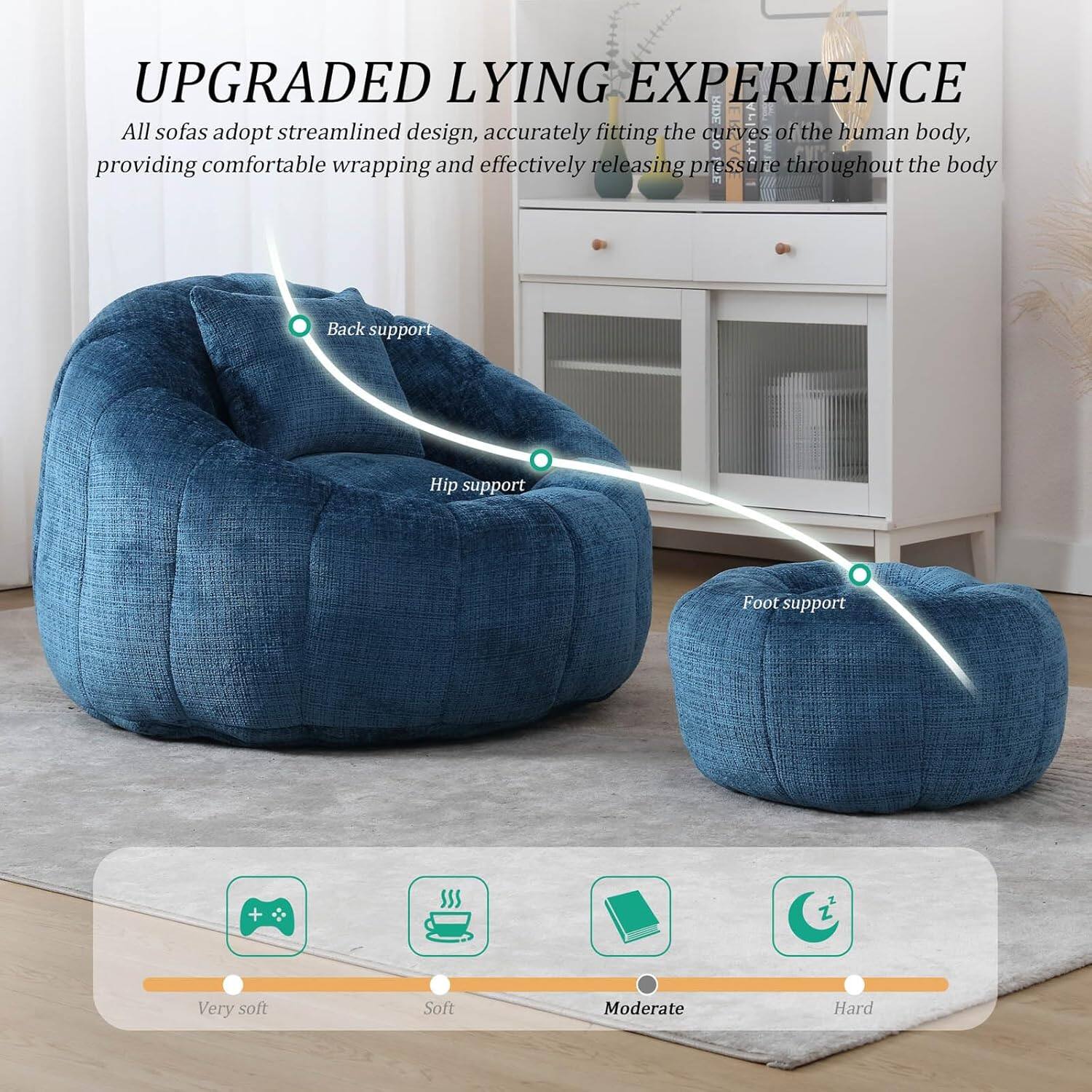 UPGRADED LYING EXPERIENCE

All sofas adopt streamlined design, accurately fitting the curves of the human body, providing comfortable wrapping and effectively releasing pressure throughout the body

- Back support
- Hip support
- Foot support

+ Z

Very soft Soft Moderate Hard