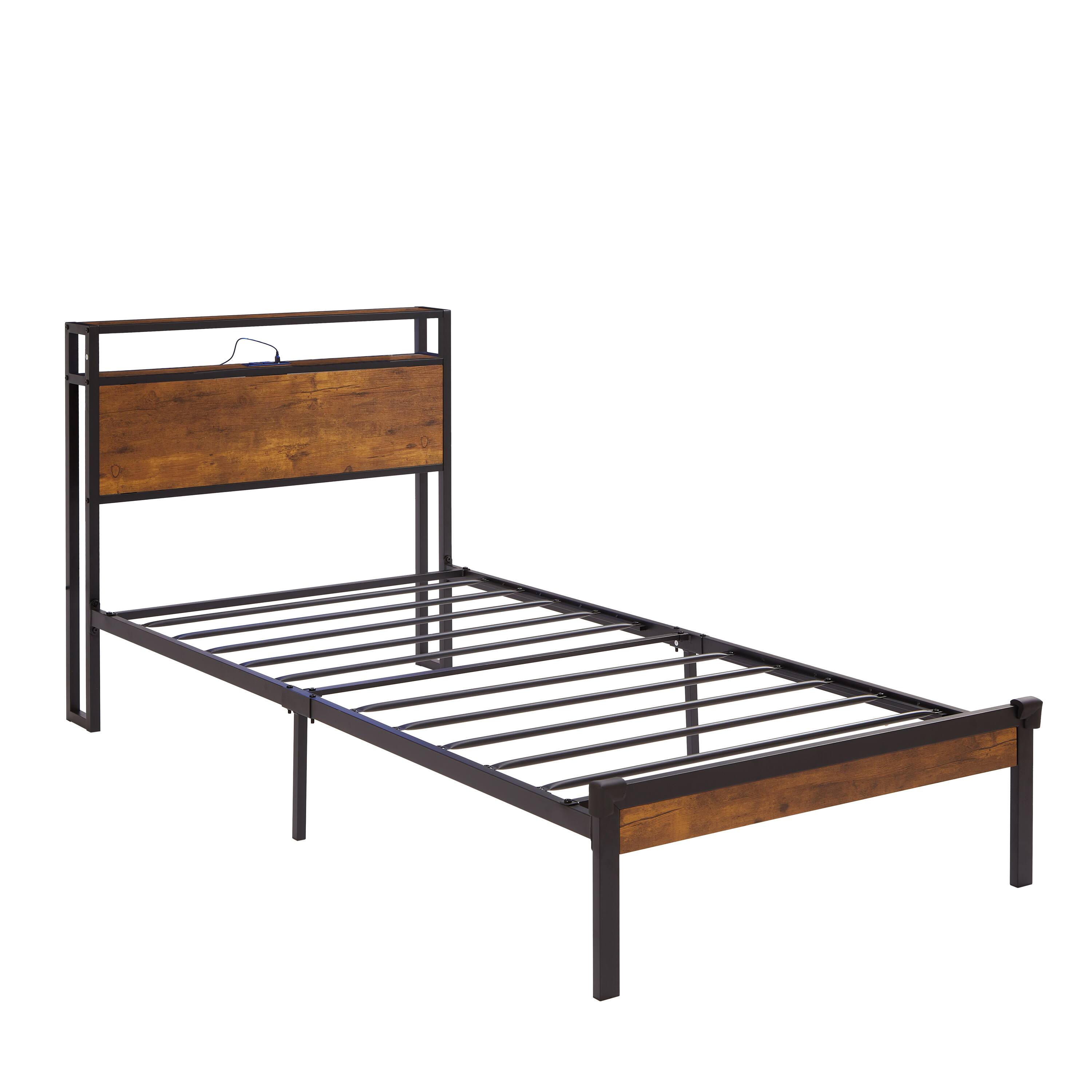Back. LUCKY ONE - Twin Size Metal Platform Bed Frame with Wooden Headboard and Footboard with USB LINER - Black+Brown.