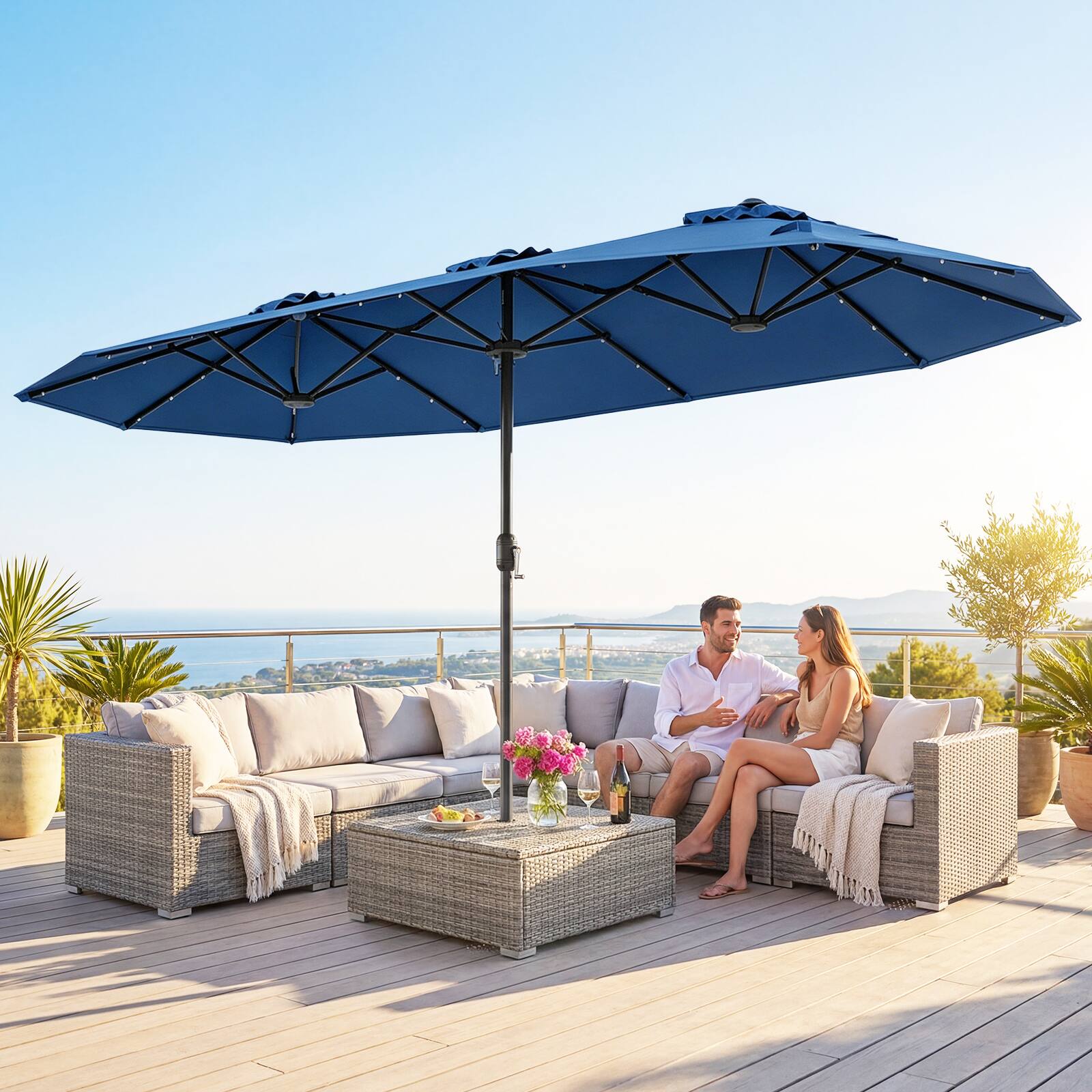 Alt View 3. Costway - Costway 13FT Double-sided Patio Umbrella with Solar Lights Crank Handle Umbrella Base - Navy.