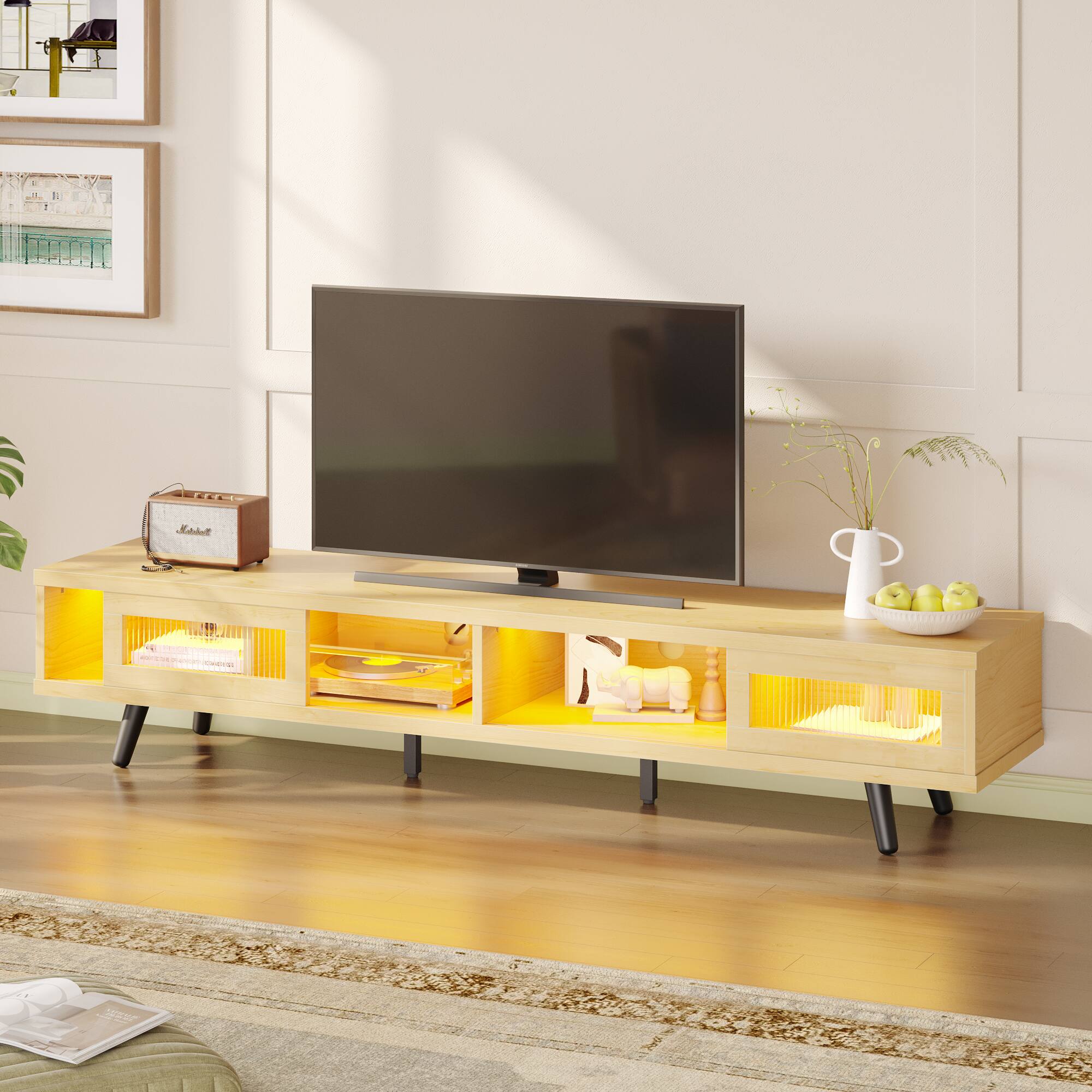 Back. Bestier - 70" LED TV Stand Mid-Century Modern Gaming Entertainment Center with Sliding Glass Door - White Maple.