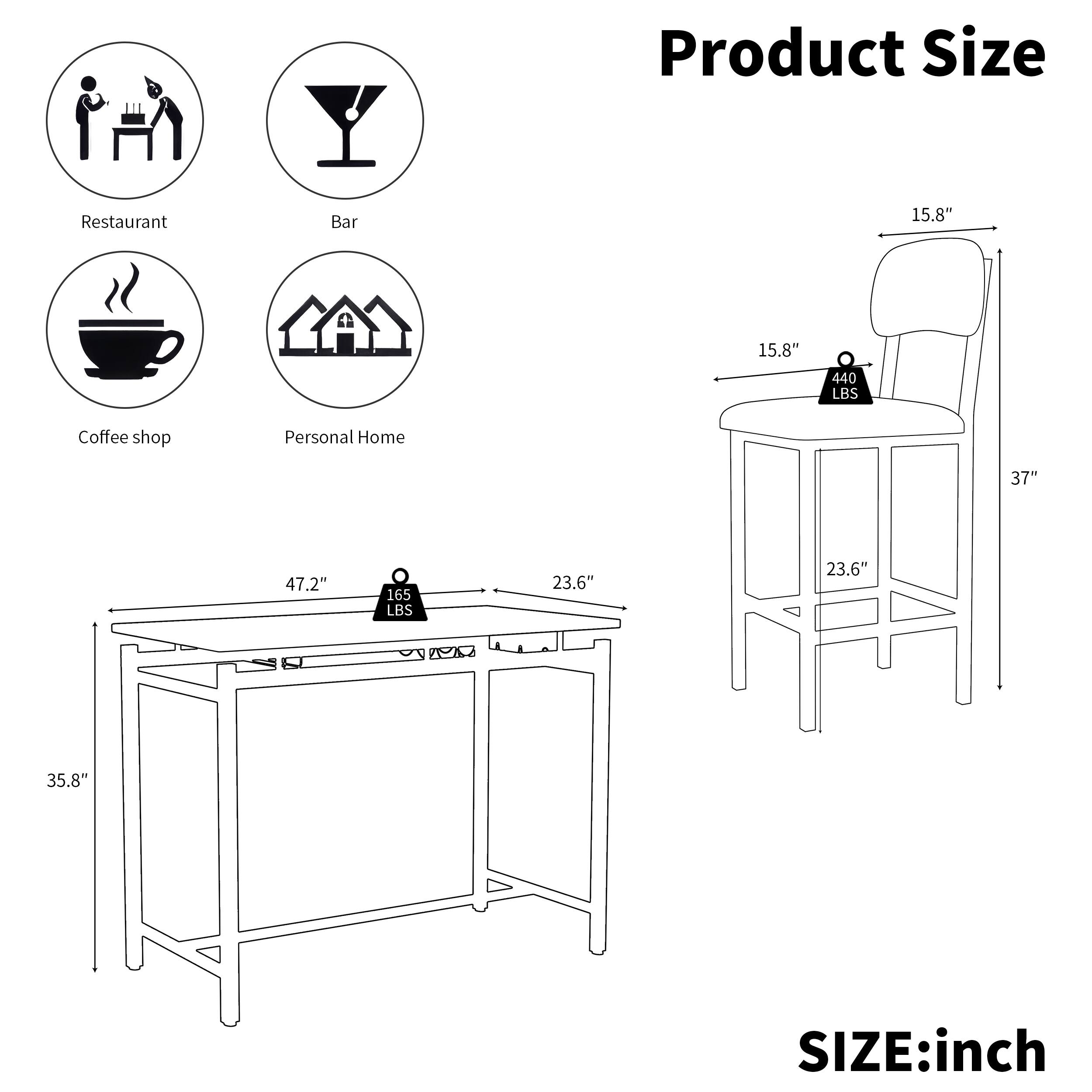 Product Size

Restaurant  
Bar  
Coffee shop  
Personal Home  

SIZE: inch  

Restaurant  
15.8" x 15.8" x 37"  
440 LBS  

Bar  
47.2" x 23.6" x 35.8"  
165 LBS  

Coffee shop  
23.6" x 23.6" x 35.8"  

Personal Home  
15.8" x 15.8" x 37"  
440 LBS
