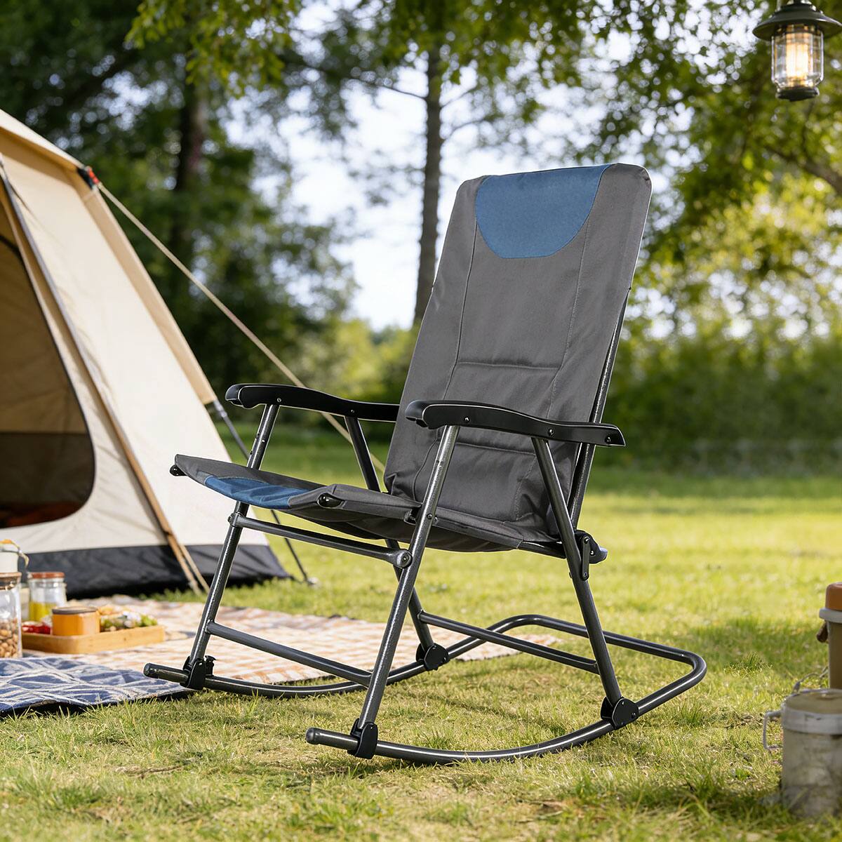 Angle. Ainfox - Outdoor Folding Rocking Chair with Padded & Armrests,Portable Rocker for Patio,Lawn, Beach and RV Travel - Blue.