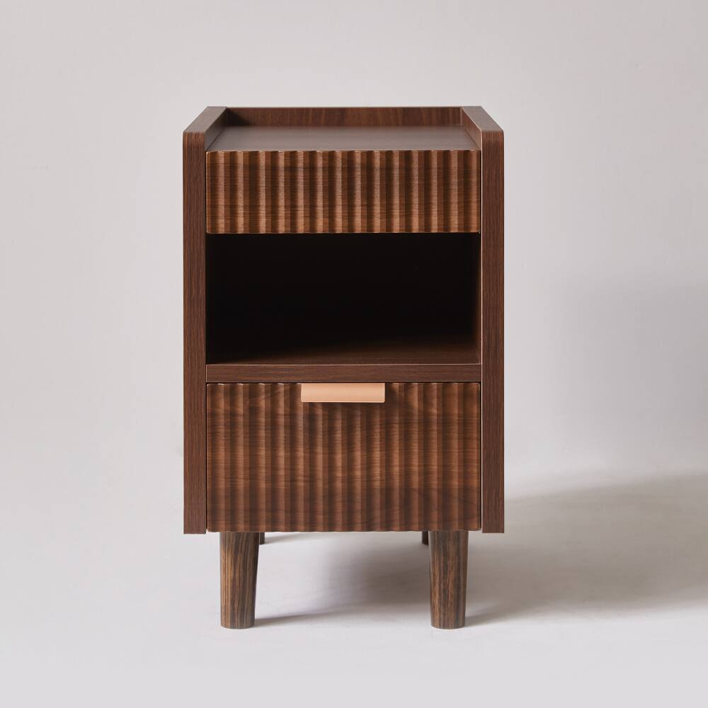Alt View 3. JUJABU - Walnut Brown Fluted Wood Nightstand with Drawer and Open Storage, End Table for Living Room Home Decor - Brown.