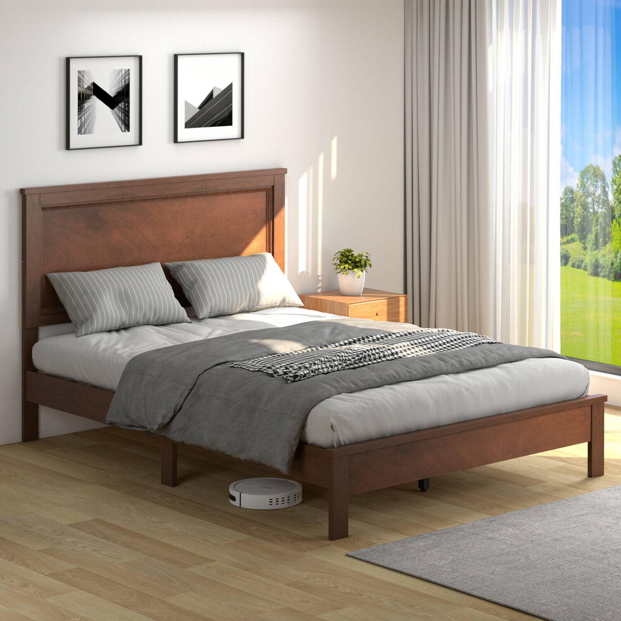 Front. Gymax - Gymax Full Size Bed Frame Platform Slat High Headboard Bedroom Rubber Wood Leg Walnut - Walnut.
