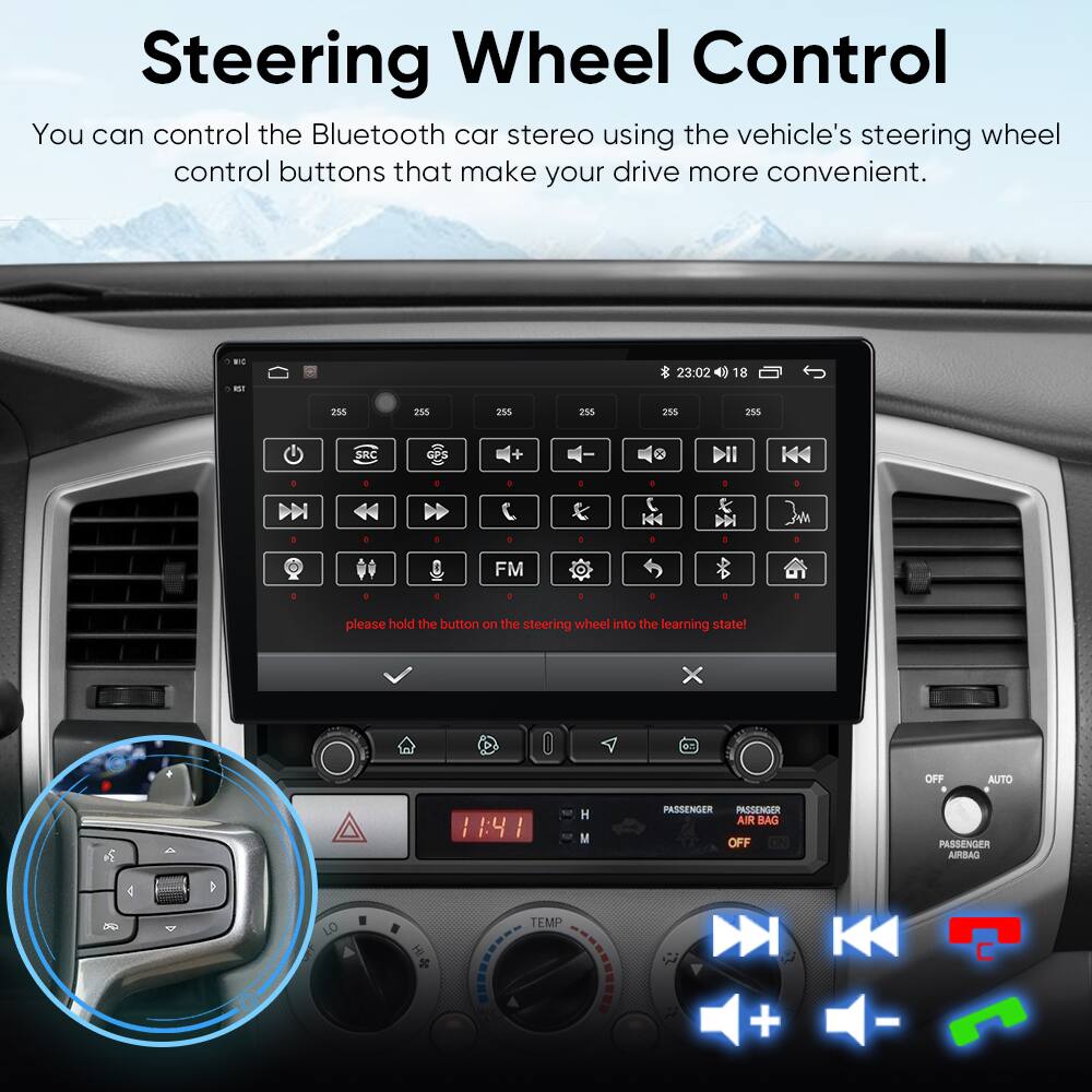 Steering Wheel Control

You can control the Bluetooth car stereo using the vehicle's steering wheel control buttons that make your drive more convenient.

Please hold the button on the steering wheel into the learning state!