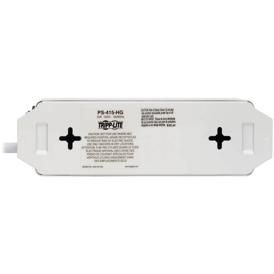 PS-415-HG  
15A 120V-50/60Hz  
TRIPP-LITE  

CAUTION: Risk of Electric Shock. Do not insert or remove plug while power is on or an appliance is connected.  
NE PAS ENLEVER L'APPAREIL EN COURANT.  

CAUTION: NOT FOR USE WHERE NEC REQUIRES HOSPITAL GRADE RECEPTACLES TO REDUCE RISK OF ELECTRIC SHOCK. USE ONLY INDOORS IN DRY LOCATIONS.  
ATTENTION: NE PAS UTILISER QUAND LE CODE ELECTRIQUE NATIONAL NEC EXIGE DES PRISES DE COURANT SPÉCIALES POUR HÔPITAUX. UTILISER UNIQUEMENT DANS DES EMPLACEMENTS SÉCS.  

REQUIRES PROPER GROUNDING.  
NE REQUIERT PAS D'UNE PRISE DE GROUPEMENT.  

SERIES NO. A0301518.  
www.tripplite.com