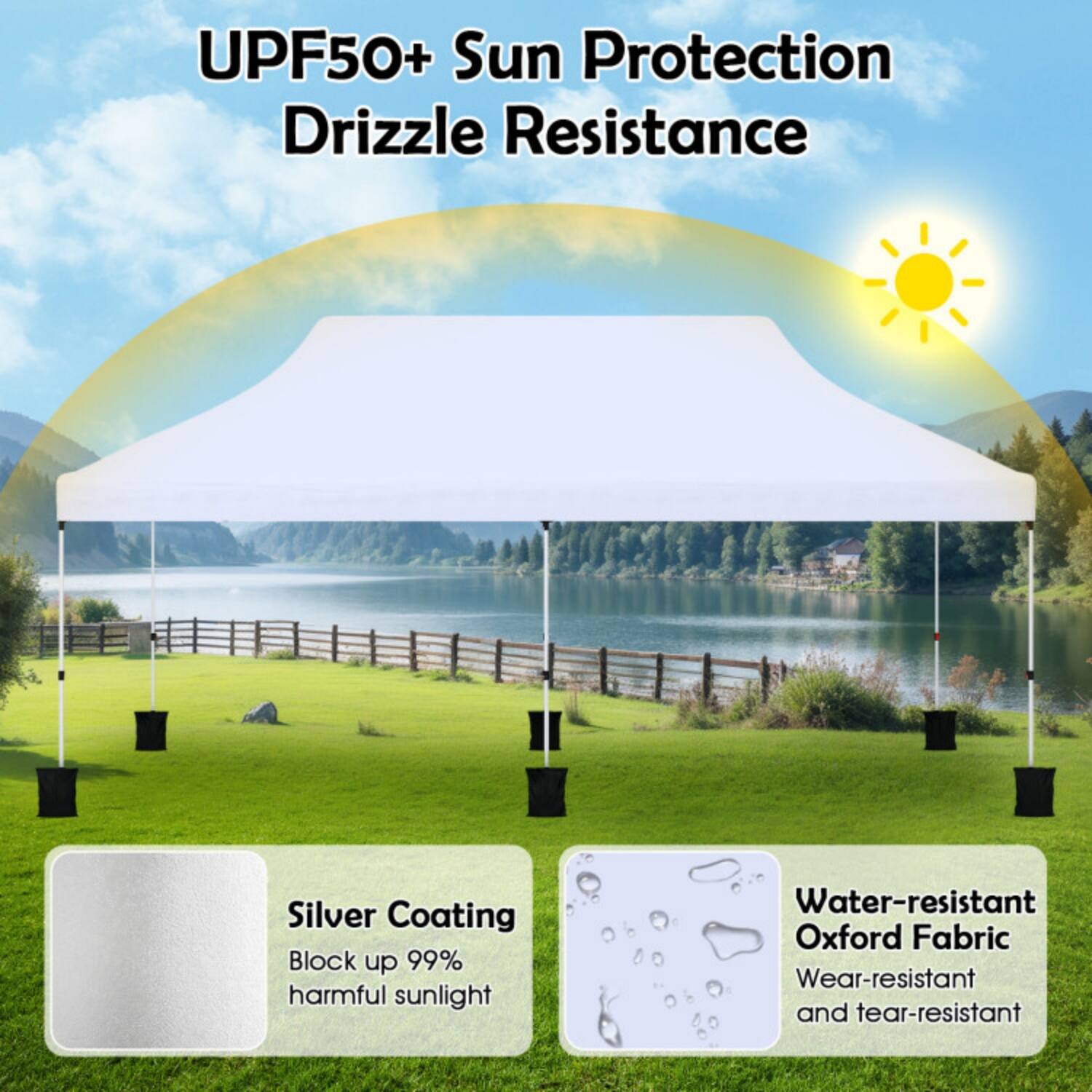 UPF50+ Sun Protection  
Drizzle Resistance  
Silver Coating  
Block up 99% harmful sunlight  
Water-resistant Oxford Fabric  
Wear-resistant and tear-resistant