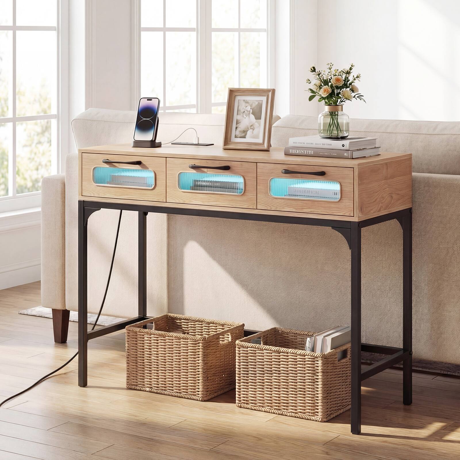 Alt View 1. Costway - Costway Console Table with LED Lighting & Charging Station,Entryway Table with 3 Drawers - Natural.