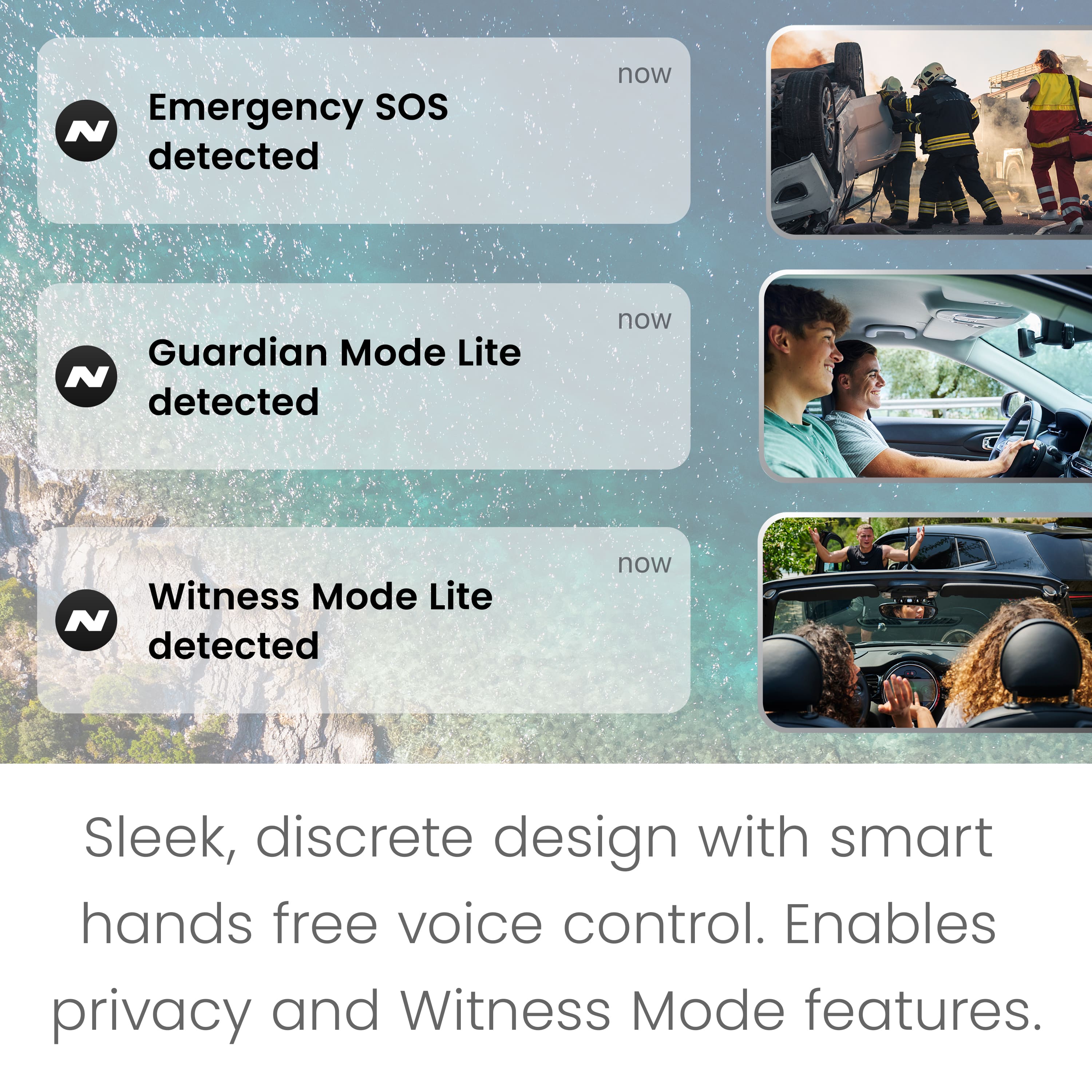 The image shows a smartphone with a Guardian Mode Lite, Witness Mode Lite, and Emergency SOS feature. The phone has a sleek, discrete design with smart hands-free voice control, which enables privacy and Witness Mode features.