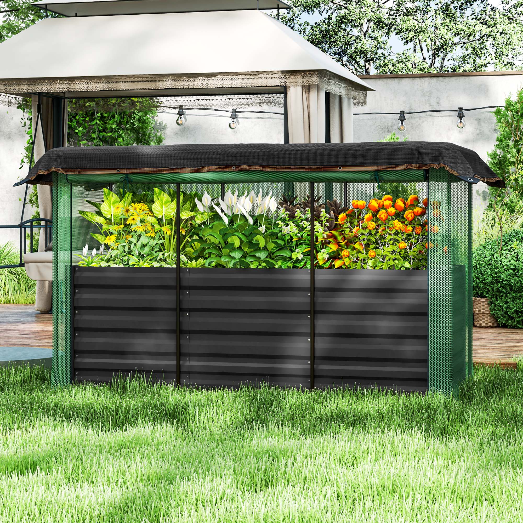 Alt View 1. Outsunny - 5.9 x 2 x 1.9 ft Galvanized Raised Garden Bed with Crop Cage Plant Protection Net and Shade Cloth Roof - Dark Gray.