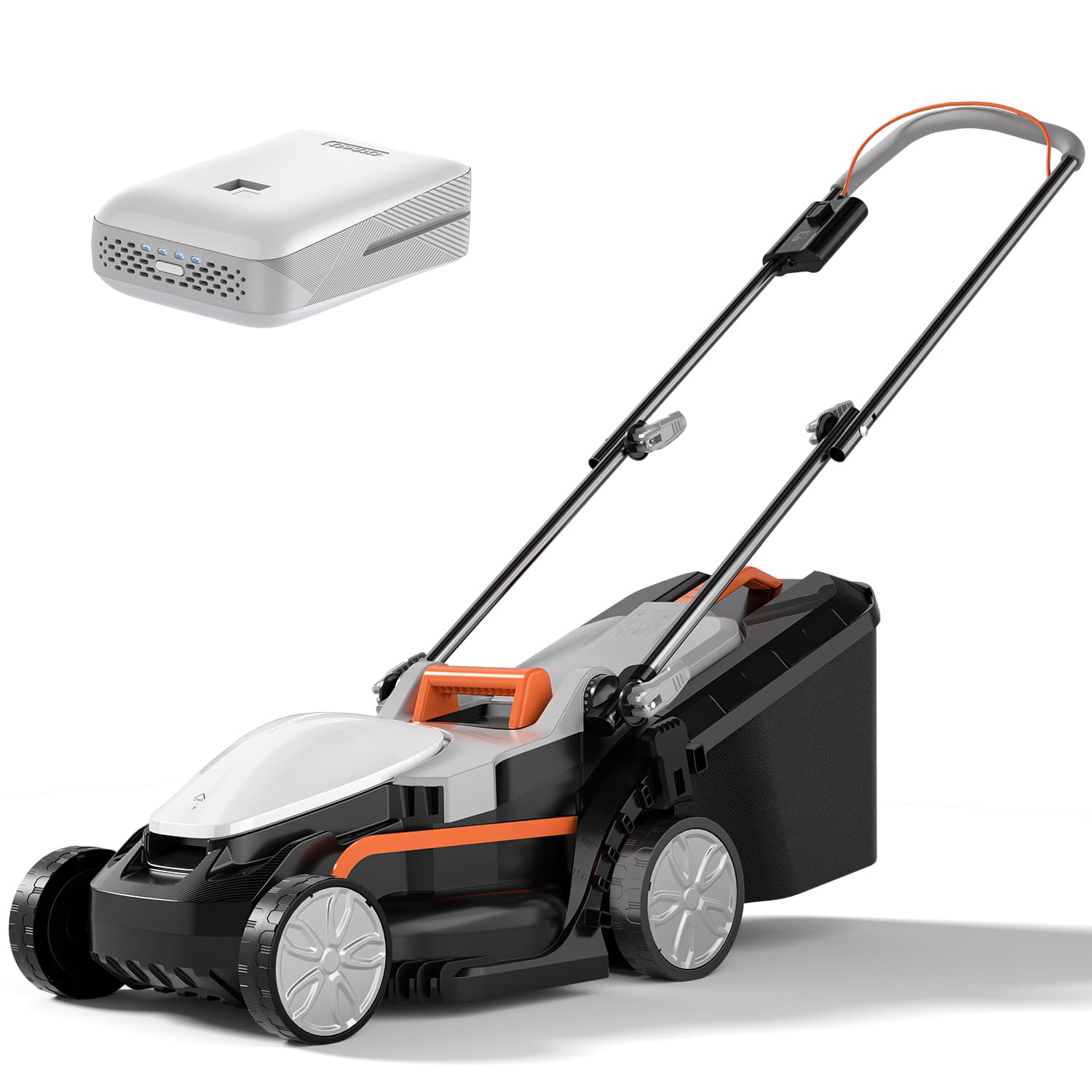 Front. Litheli - Cordless Lawn Mower 13 Inch, U20 Handy+ 20V Electric Lawn Mowers for Garden, Yard and Farm, 5 Heights Adjustment - Orange and white and black.