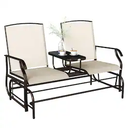 Outsunny - Outdoor Glider Bench with Center Table, Metal Frame Patio Loveseat with Breathable Mesh Fabric and Armrests - Beige