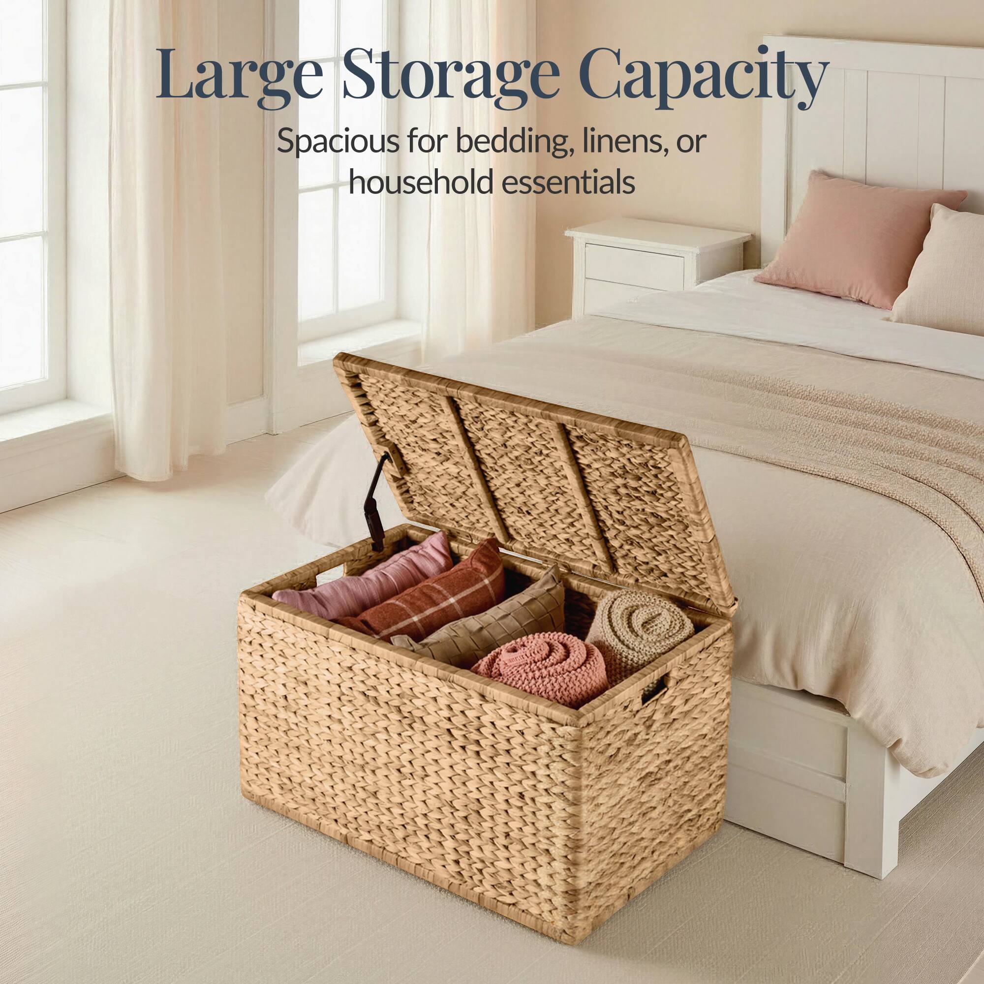 Large Storage Capacity  
Spacious for bedding, linens, or household essentials