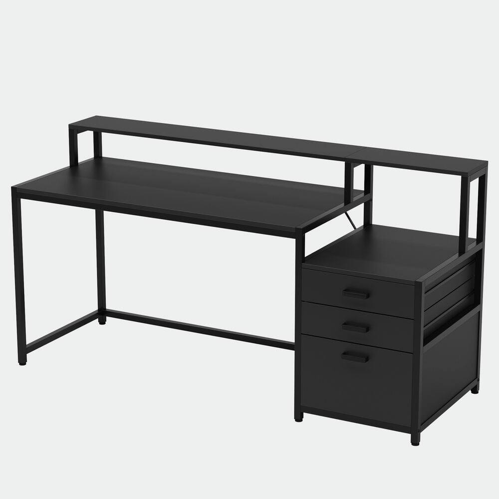 Angle. Resenkos - Kadyn Study Writing Desk, Computer Desk,63" Computer Desk, Ergonomic Office Desk with Drawers & Monitor Stand,Black - Black.