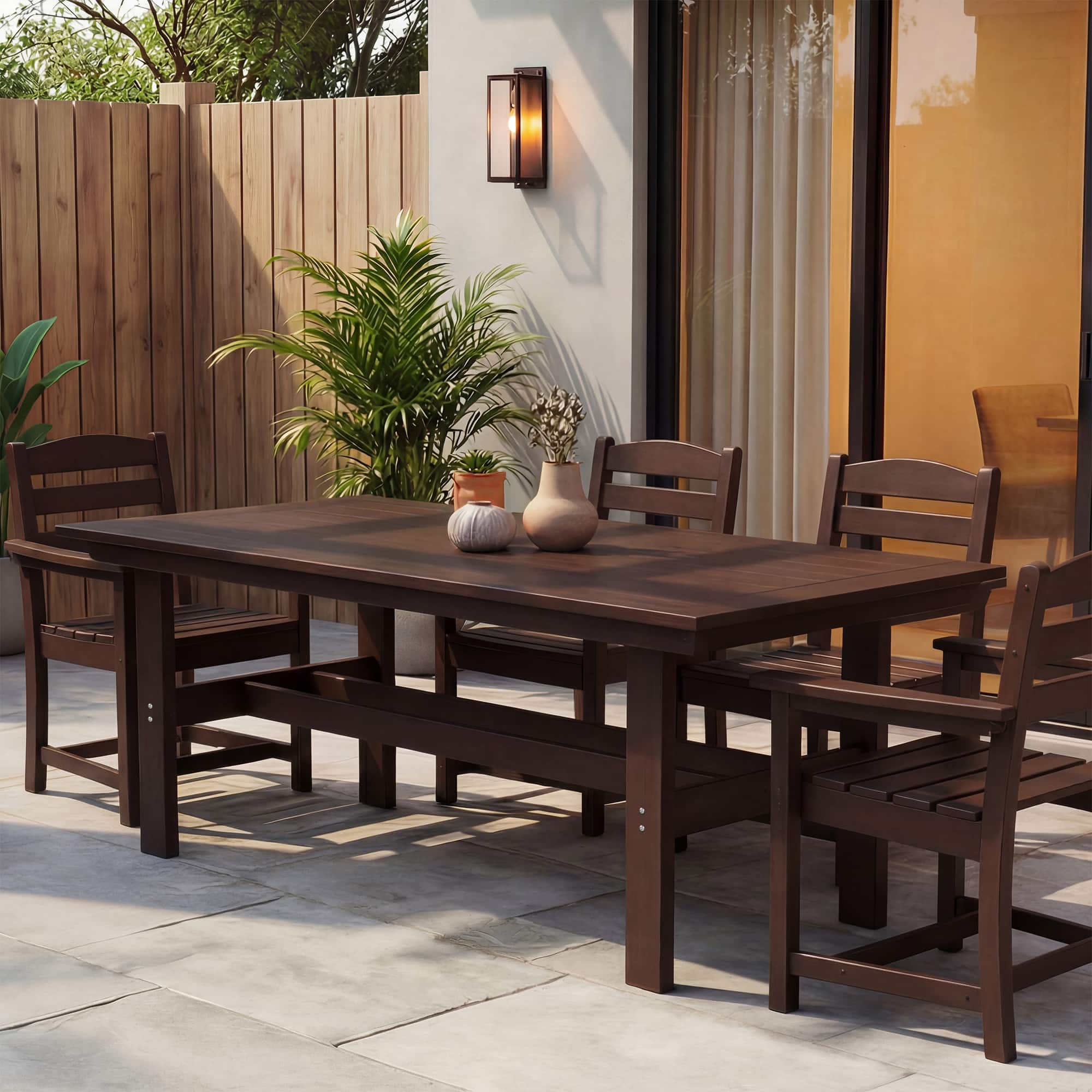 Famapy - HDPE Outdoor Dining Table with Umbrella Hole & Cap-Solid Panel Patio Table for 8 People Weatherproof & Low Maintenance - Dark Brown