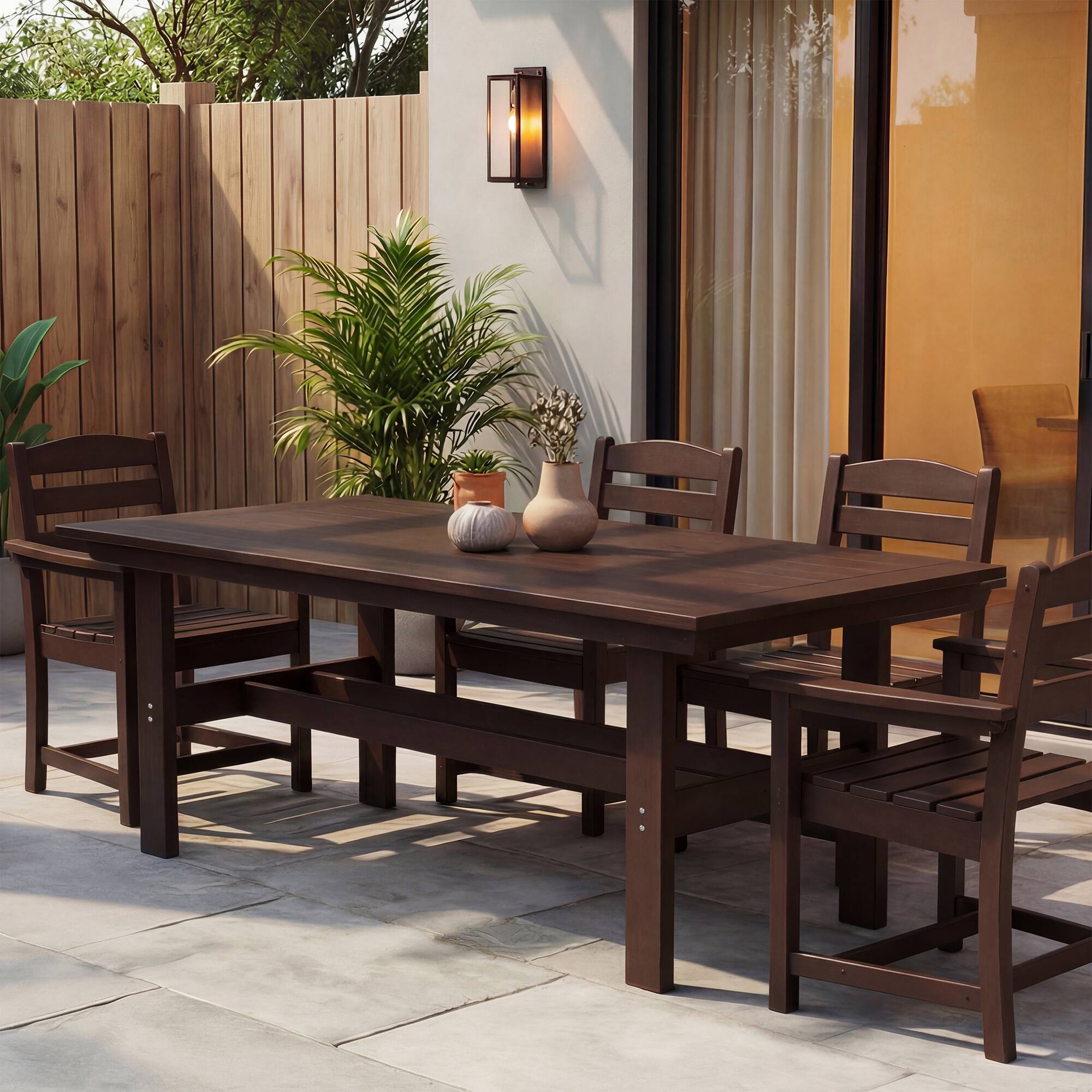 Front. Famapy - HDPE Outdoor Dining Table with Umbrella Hole & Cap-Solid Panel Patio Table for 8 People Weatherproof & Low Maintenance - Dark Brown.