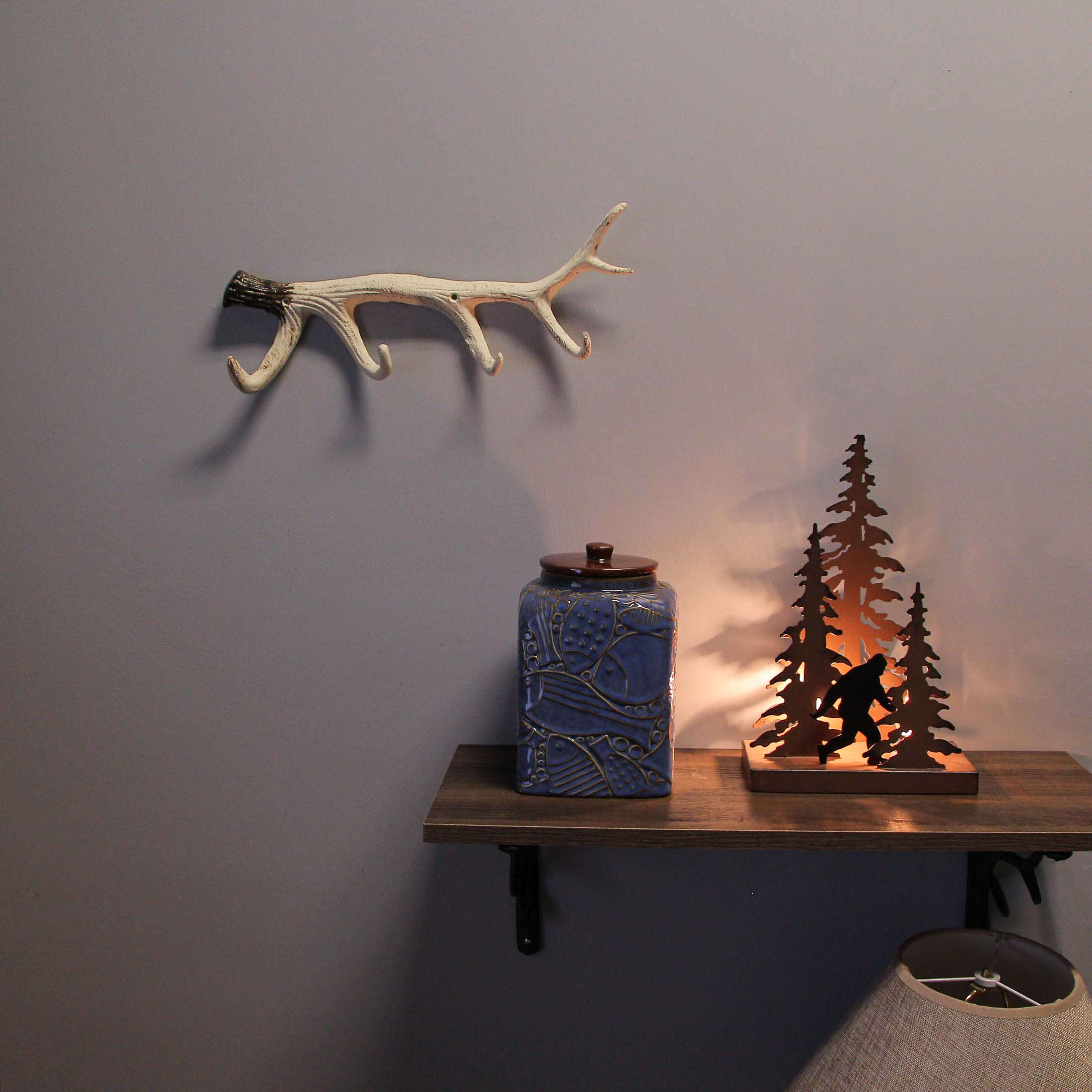 Alt View 3. Zeckos - 16 Inch Cast Iron Deer Antler Wall Mounted Hook Rack Towel Key Hat Hanger - White.