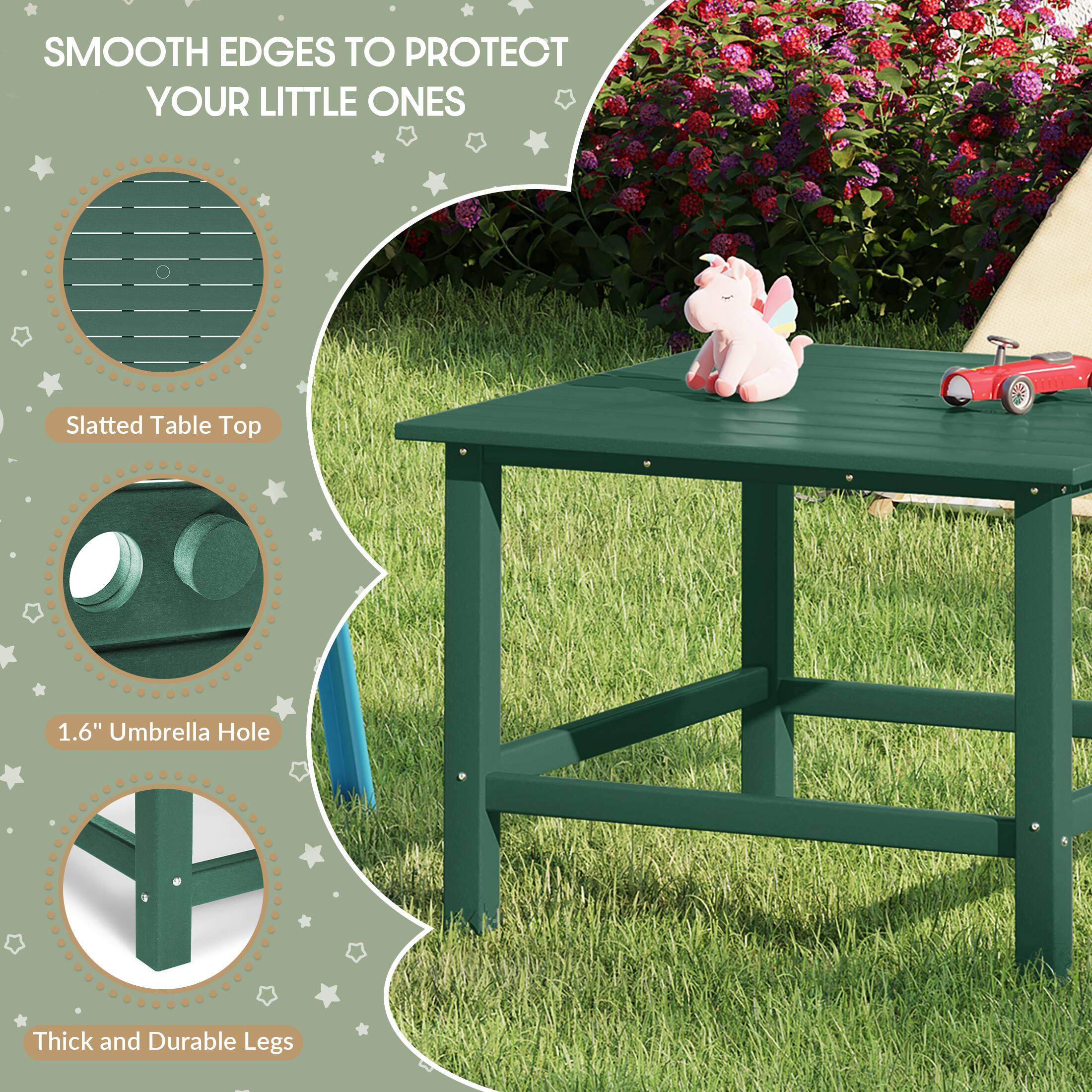 SMOOTH EDGES TO PROTECT YOUR LITTLE ONES

Slatted Table Top

1.6" Umbrella Hole

Thick and Durable Legs