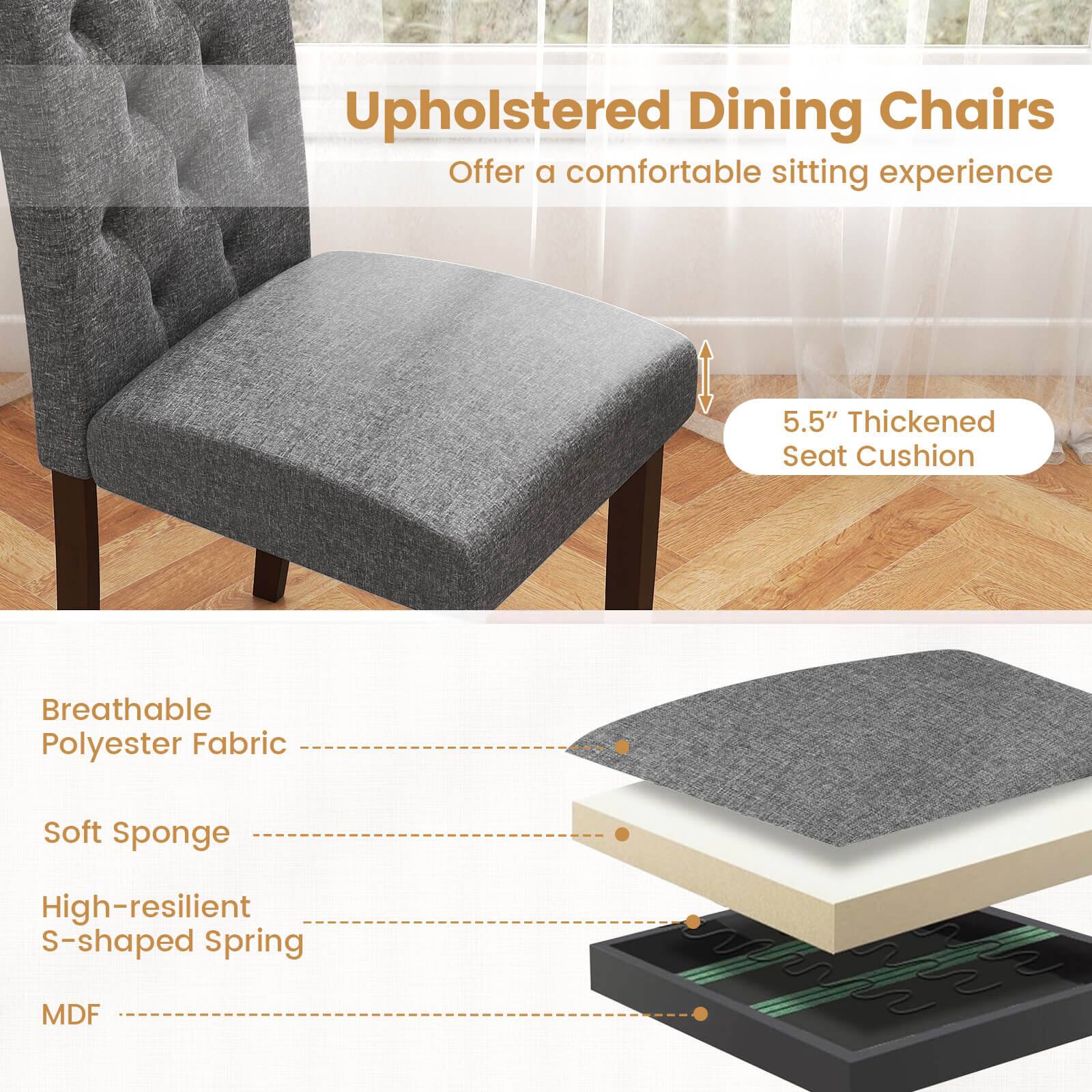 Upholstered Dining Chairs  
Offer a comfortable sitting experience

5.5" Thickened Seat Cushion

Breathable Polyester Fabric  
Soft Sponge  
High-resilient S-shaped Spring  
MDF
