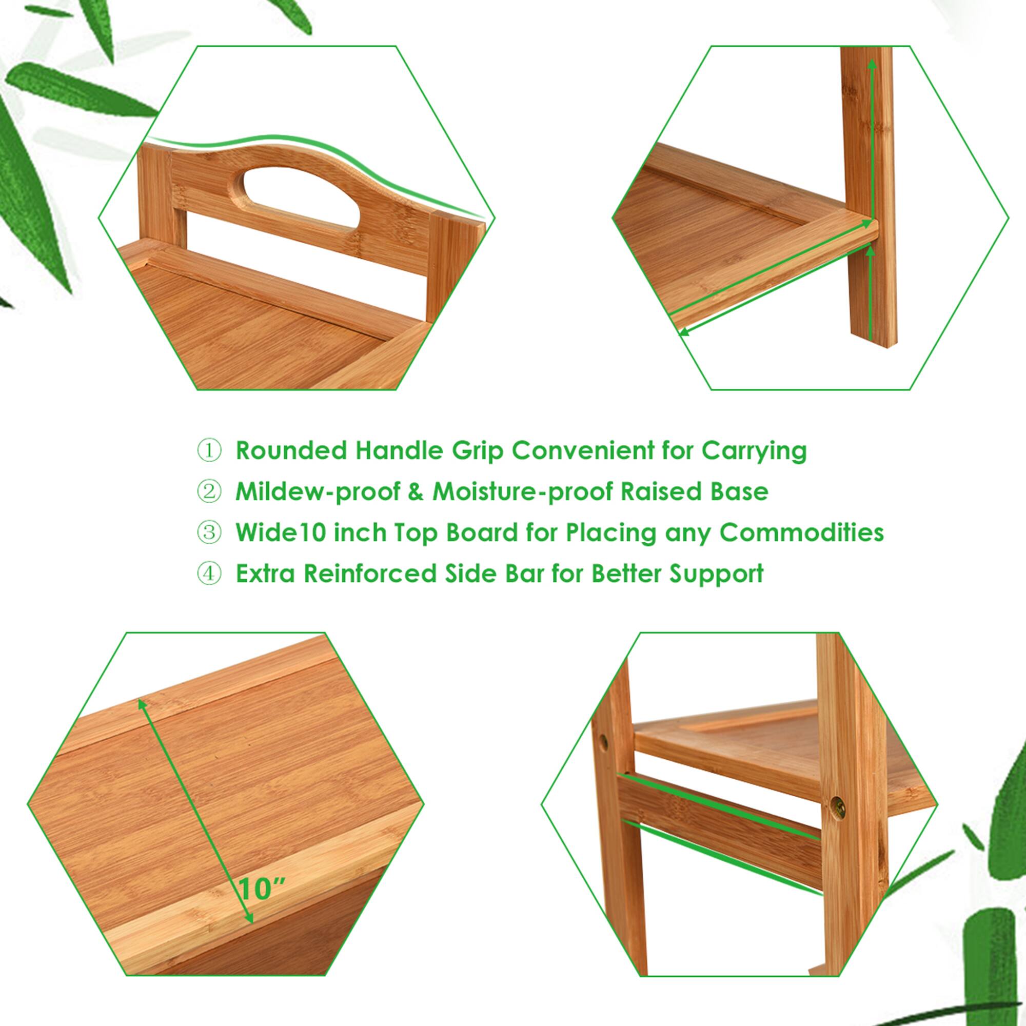 The text on the image is grouped and corrected as follows:

1. Rounded Handle Grip Convenient for Carrying
2. Mildew-proof & Moisture-proof Raised Base
3. Wide 10 inch Top Board for Placing any Commodities
4. Extra Reinforced Side Bar for Better Support
5. 10"