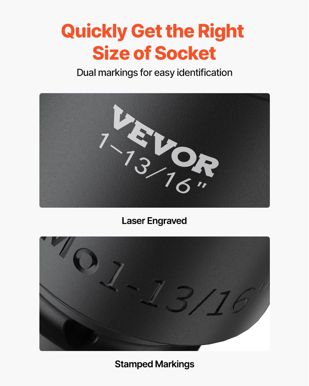 Quickly Get the Right Size of Socket  
Dual markings for easy identification  

VEVOR  
1-13/16"  
Laser Engraved  

1-13/16"  
Stamped Markings