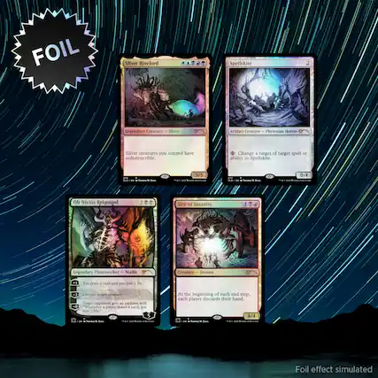 FOIL
Sliver Hivelord
Legendary Creature — Sliver
Sliver creatures you control have indestructible.
Spellskite
Artifact Creature — Phyrexian Horror
Change a target of target spell or ability to Spellskite.
Ob Nixilis Reignited
Legendary Planeswalker — Nixilis
+1: You draw a card and you lose 1 life.
-3: Destroy target creature.
-8: Target opponent gets an emblem with "Whenever a player draws a card, you lose 2 life."
Sire of Insanity
Creature — Demon
At the beginning of each end step, each player discards their hand.
Foil effect simulated