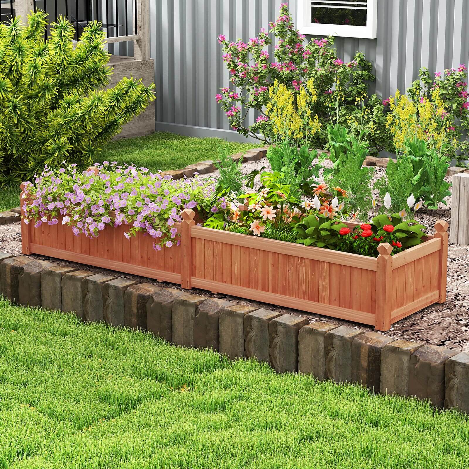 Alt View 4. Costway - Costway Wooden Raised Garden Bed Outdoor Rectangular Planter Box with Drainage Holes - Brown.