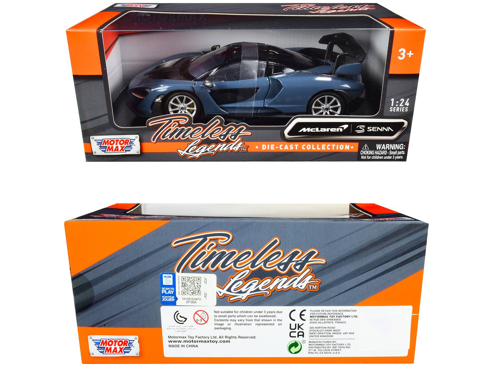 **Front Side:**

- **Top Left:** MOTOR MAX
- **Top Right:** 3+
- **Main Text:** Timeless Legends™ DIE-CAST COLLECTION
- **Car Brand:** McLaren Senna
- **Series:** 1:24 SERIES
- **Warning:** CHOKING HAZARD - Small parts. Not for children under 3 years.
- **Bottom Left:** MOTOR MAX
- **Bottom Right:** WARNING: CHOKING HAZARD - Small parts. Not for children under 3 years.

**Back Side:**

- **Top Left:** MOTOR MAX
- **Main Text:** Timeless Legends™
- **Warning:** CHOKING HAZARD - Small parts. Not for children under 3 years.
- **Content Warning:** Not suitable for children under 3 years due to small parts which can be swallowed.
- **Content Note:** Contents may vary from that shown in the image or illustration represented on packaging.
- **Manufacturer:** Motormax Toy Factory Ltd. All Rights Reserved.
- **Website:** www.motormaxtoy.com
- **Made in China**
- **Barcode:** 18101836F0
- **QR Code:** 2F36