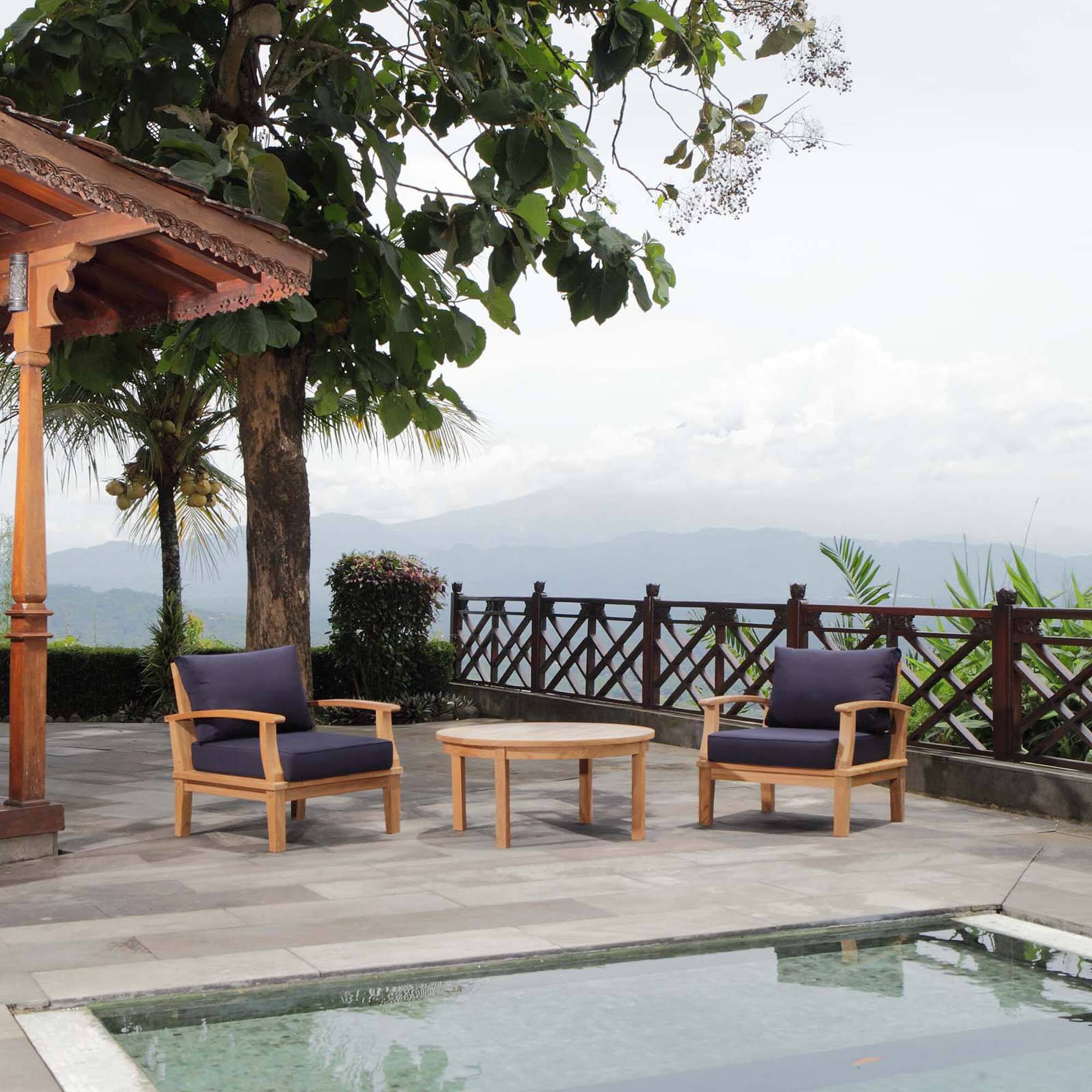 Alt View 2. Modway - Marina 3-Piece Outdoor Teak Patio Set - Natural Navy.