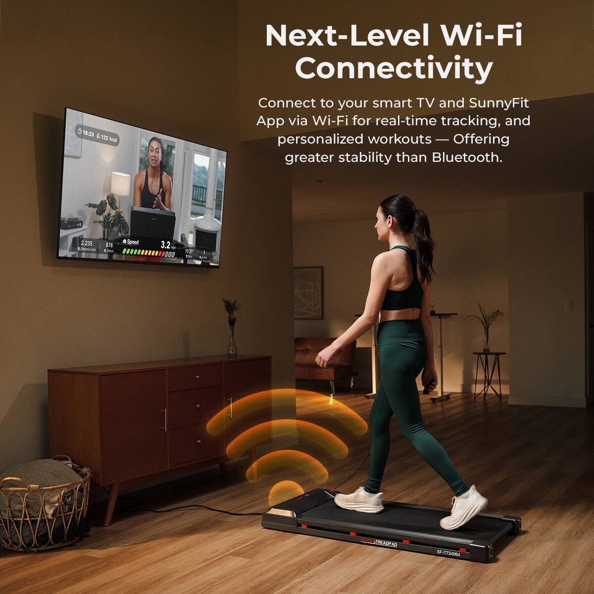 Next-Level Wi-Fi Connectivity
Connect to your smart TV and SunnyFit App via Wi-Fi for real-time tracking, and personalized workouts — Offering greater stability than Bluetooth.