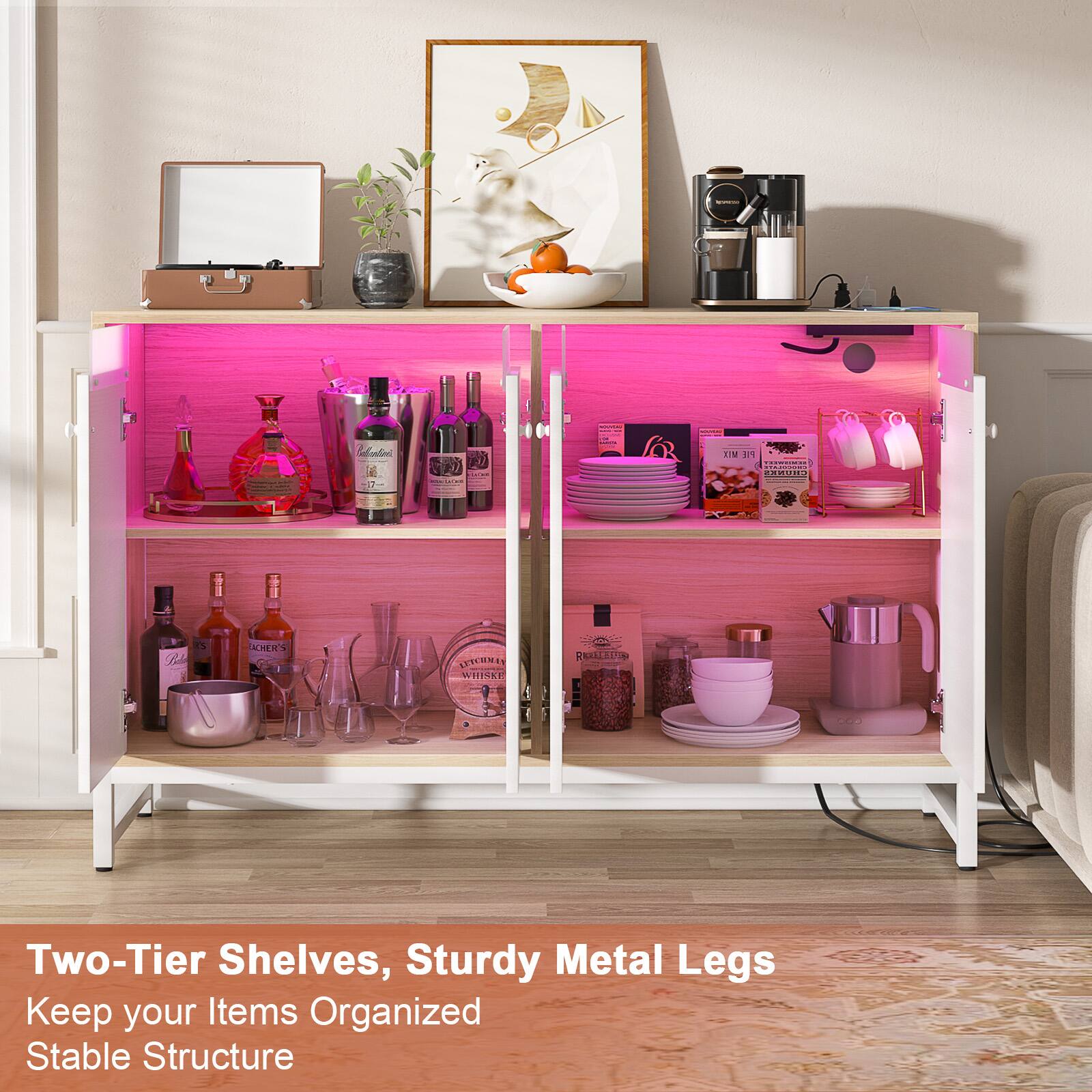 Two-Tier Shelves, Sturdy Metal Legs  
Keep your Items Organized  
Stable Structure