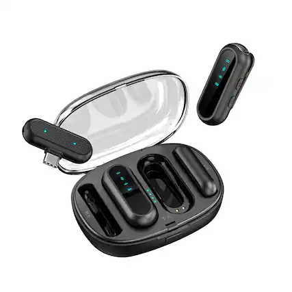 Front. Cluzine - Wireless Lavalier Mic Noise Cancelling 1 Drag 2 with Charging Case for iPhone Android - Black.