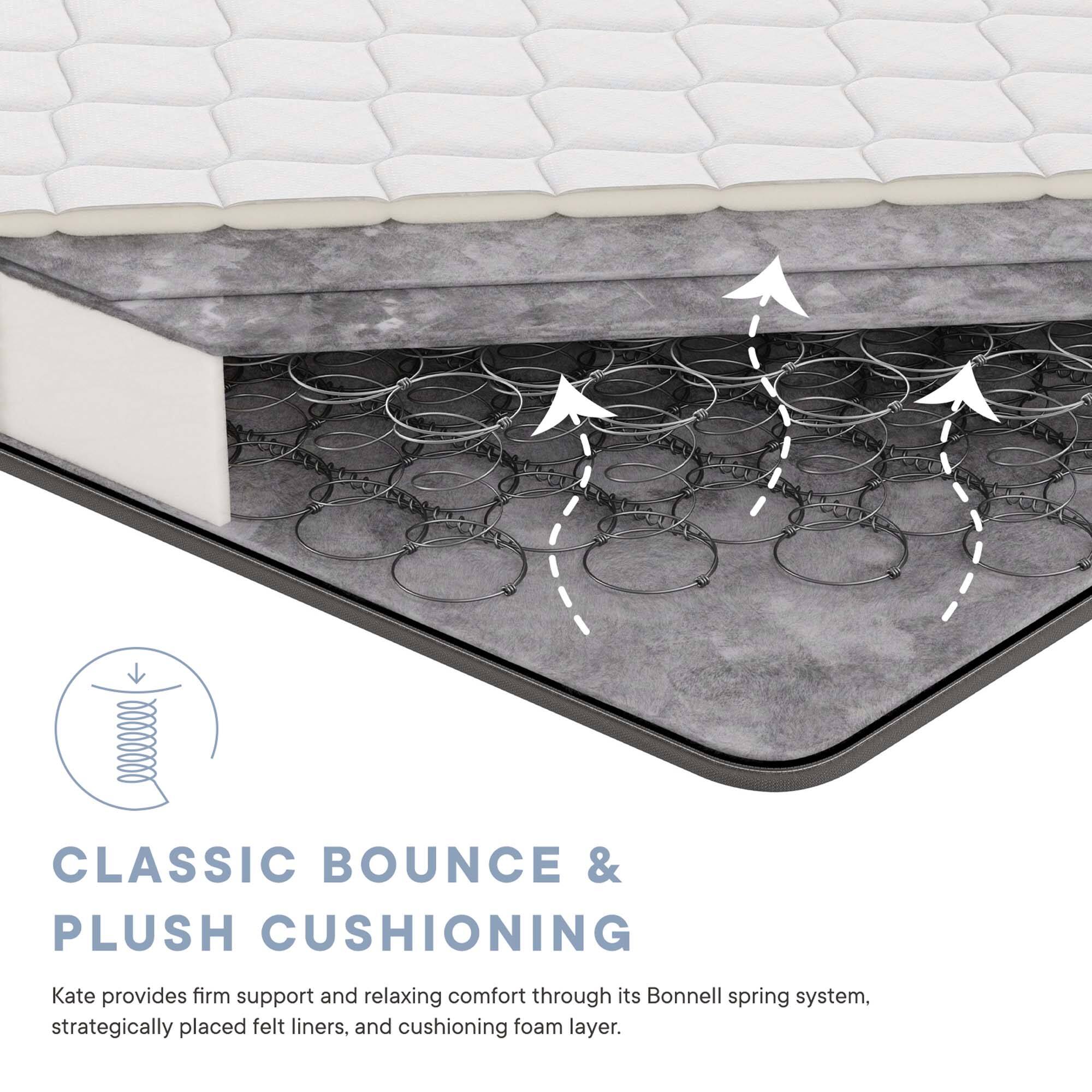 CLASSIC BOUNCE & PLUSH CUSHIONING

Kate provides firm support and relaxing comfort through its Bonnell spring system, strategically placed felt liners, and cushioning foam layer.