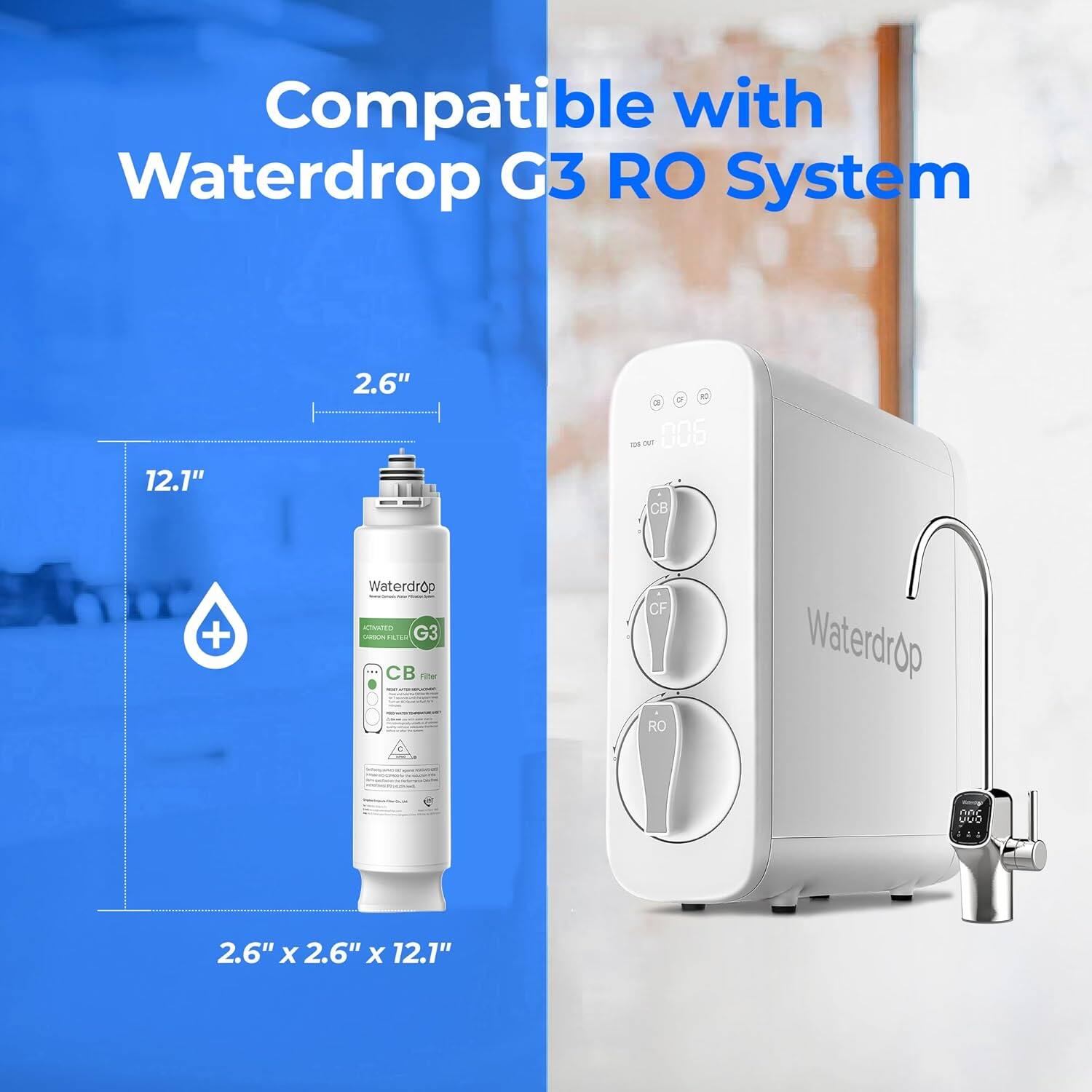 Compatible with Waterdrop G3 RO System 12.1" x 2.6" x 100 oz. 006 CB + Waterdrop LAO JEBUS isa G3 CB Lhe CF RO Waterdrop nnc UD 2.6" x 2.6" x 12.1".