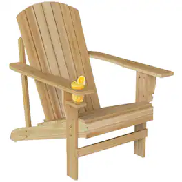 Outsunny - Adirondack Chair, Outdoor Fire Pit and Porch Seating, Classic Log Lounge w/ Built-in Cupholder - Natural Wood