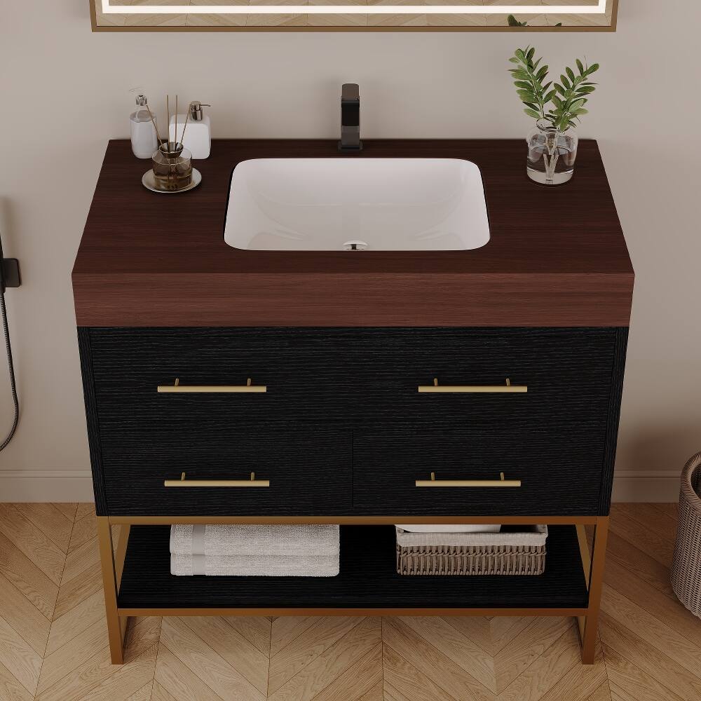 Left. Loheer - Loheer 36 inch bathroom vanity with sink, Freestanding bathroom sink cabinet, Sintered Stone Top, Black/Walnut - Black, Walnut.